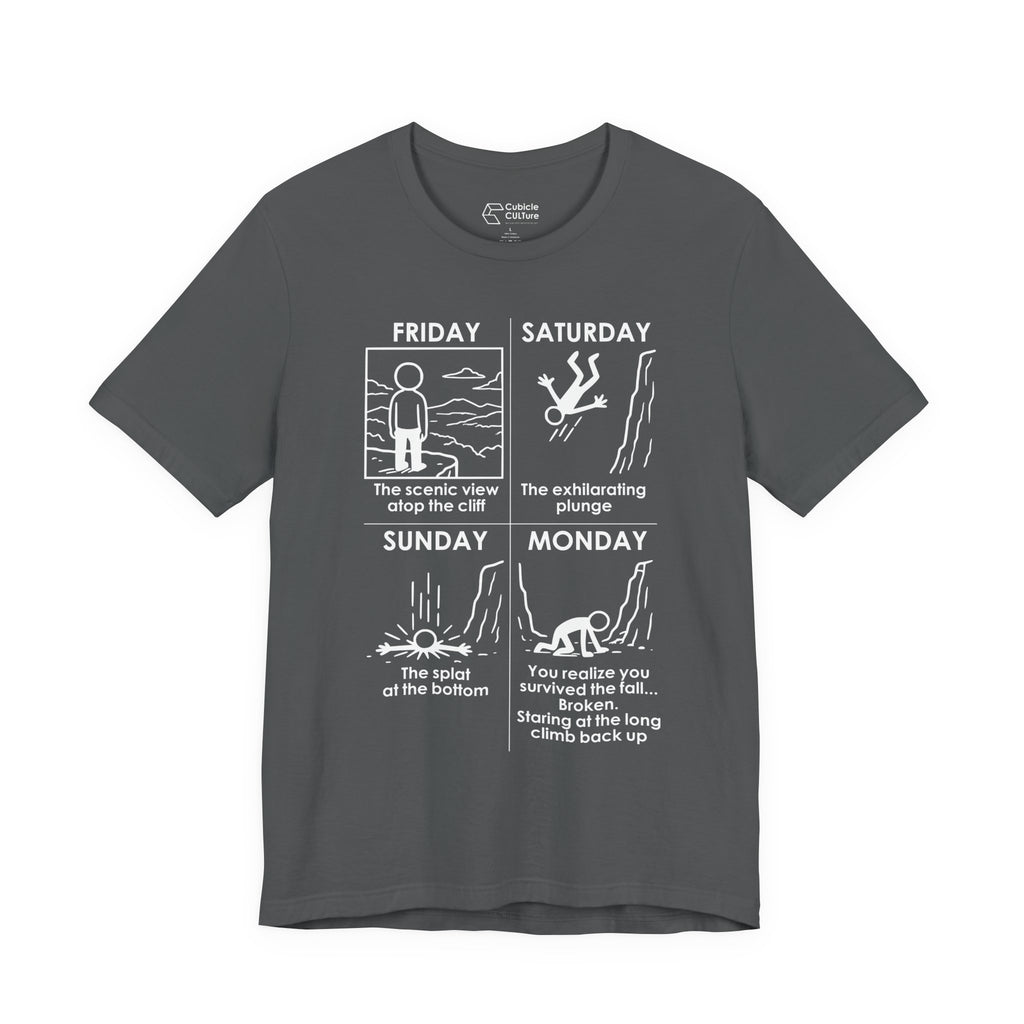 Weekend Cliff Comic T-Shirt – Dark Humor Friday to Monday Survival Graphic Tee