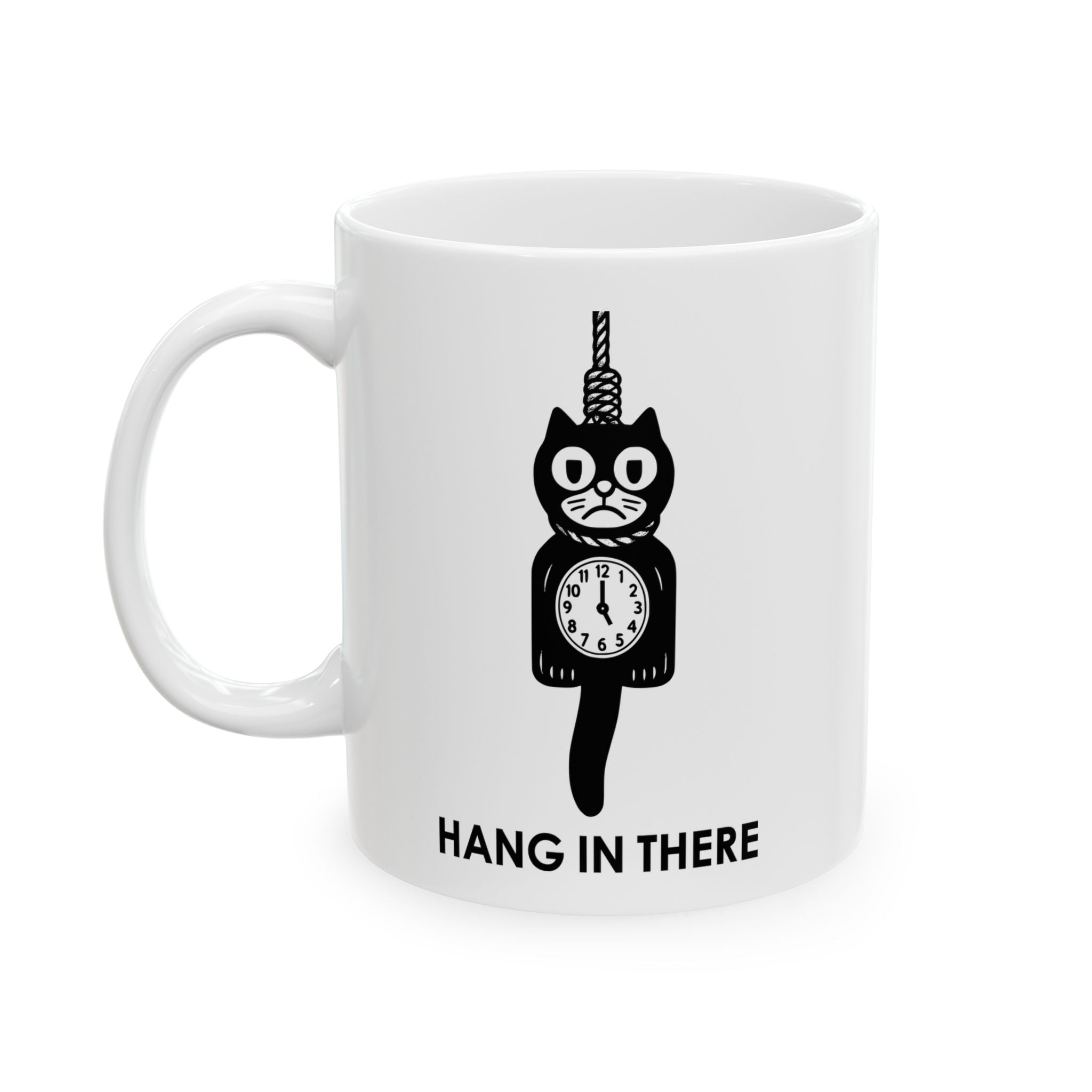 Hang In There Coffee Mug – Dark Humor Cat Clock Parody Cup