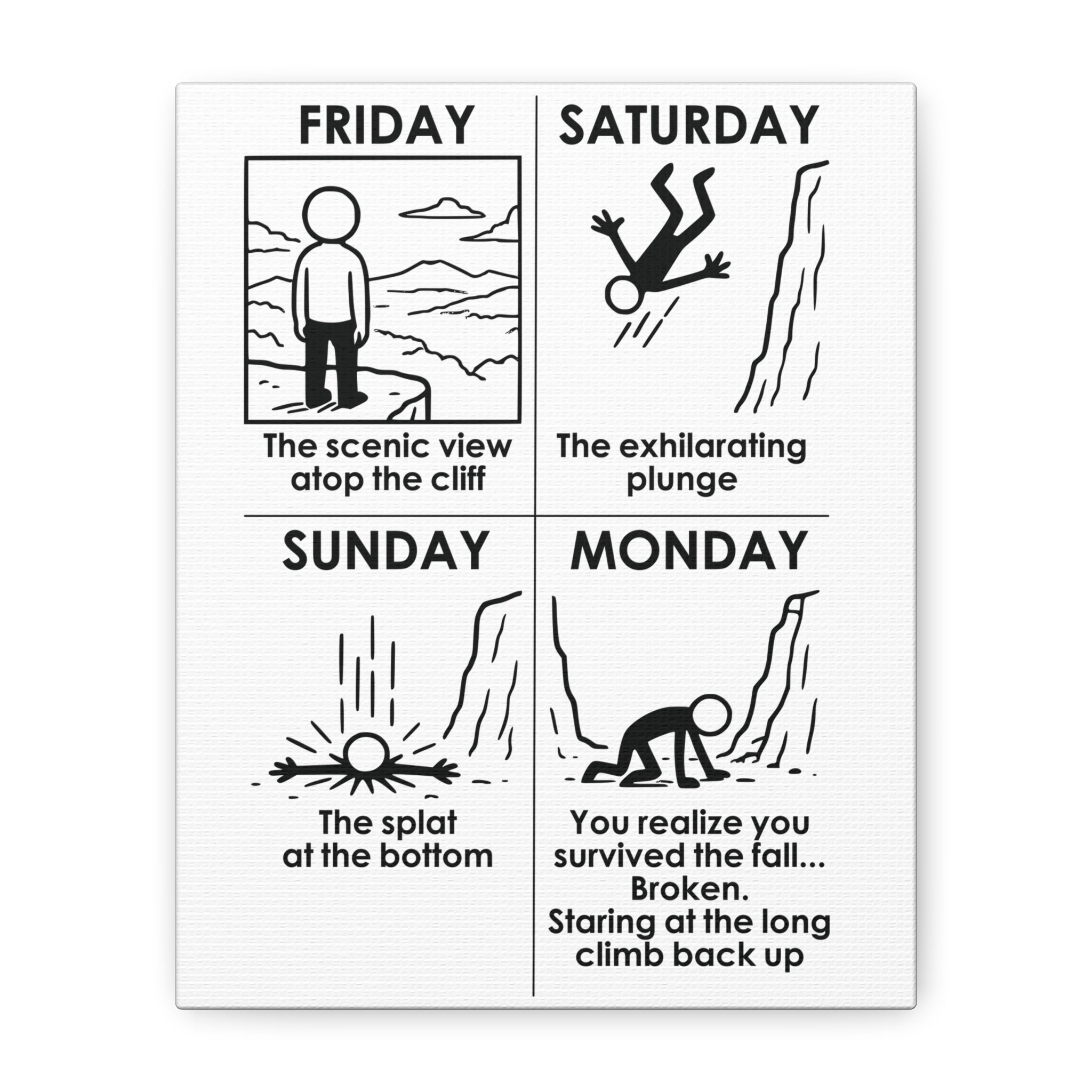 Weekend Cliff Comic Canvas – Dark Humor Friday to Monday Survival Office Wall Art