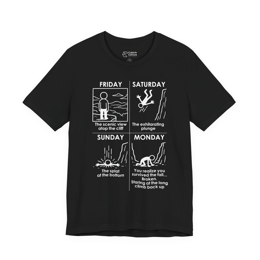 Weekend Cliff Comic T-Shirt – Dark Humor Friday to Monday Survival Graphic Tee