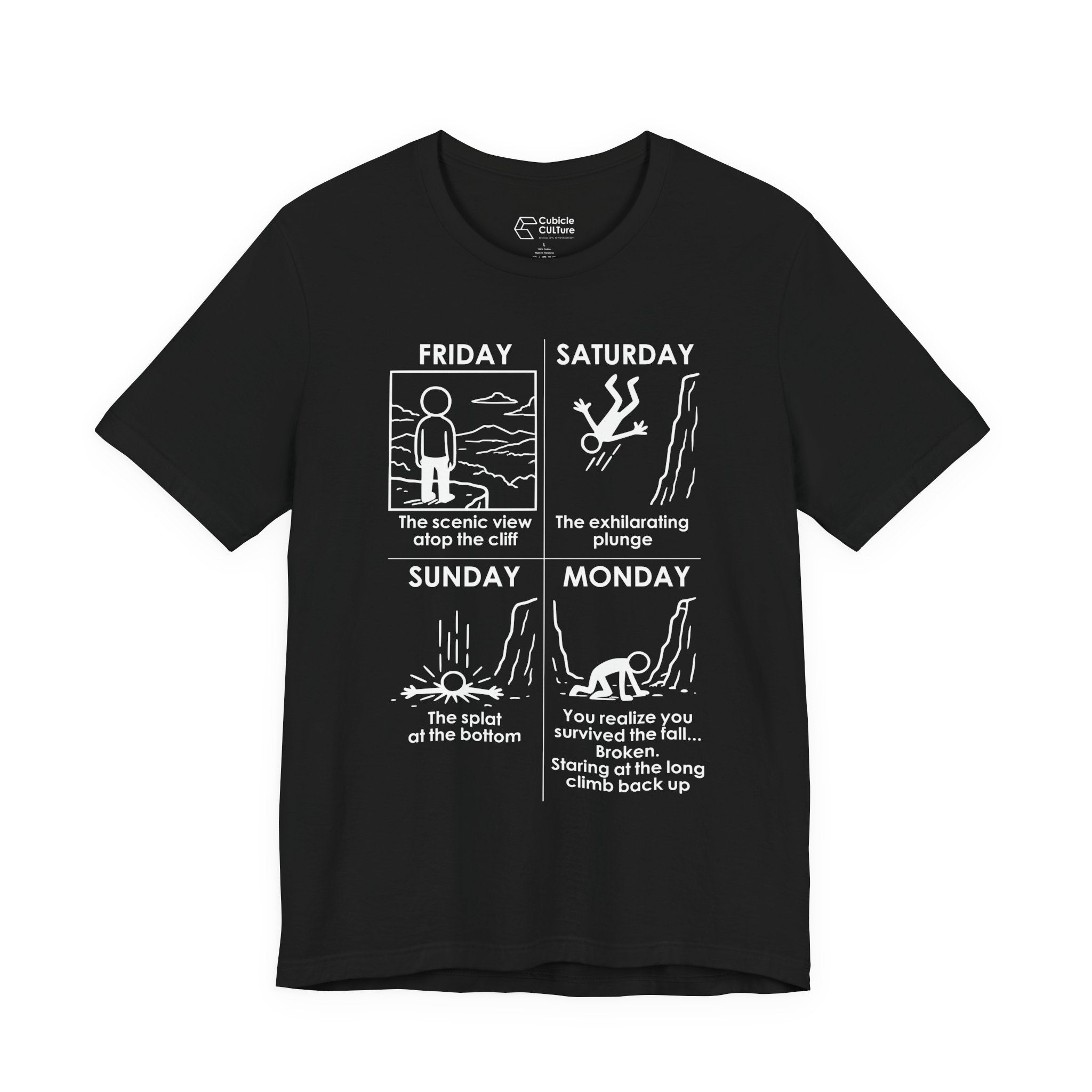 Weekend Cliff Comic T-Shirt – Dark Humor Friday to Monday Survival Graphic Tee