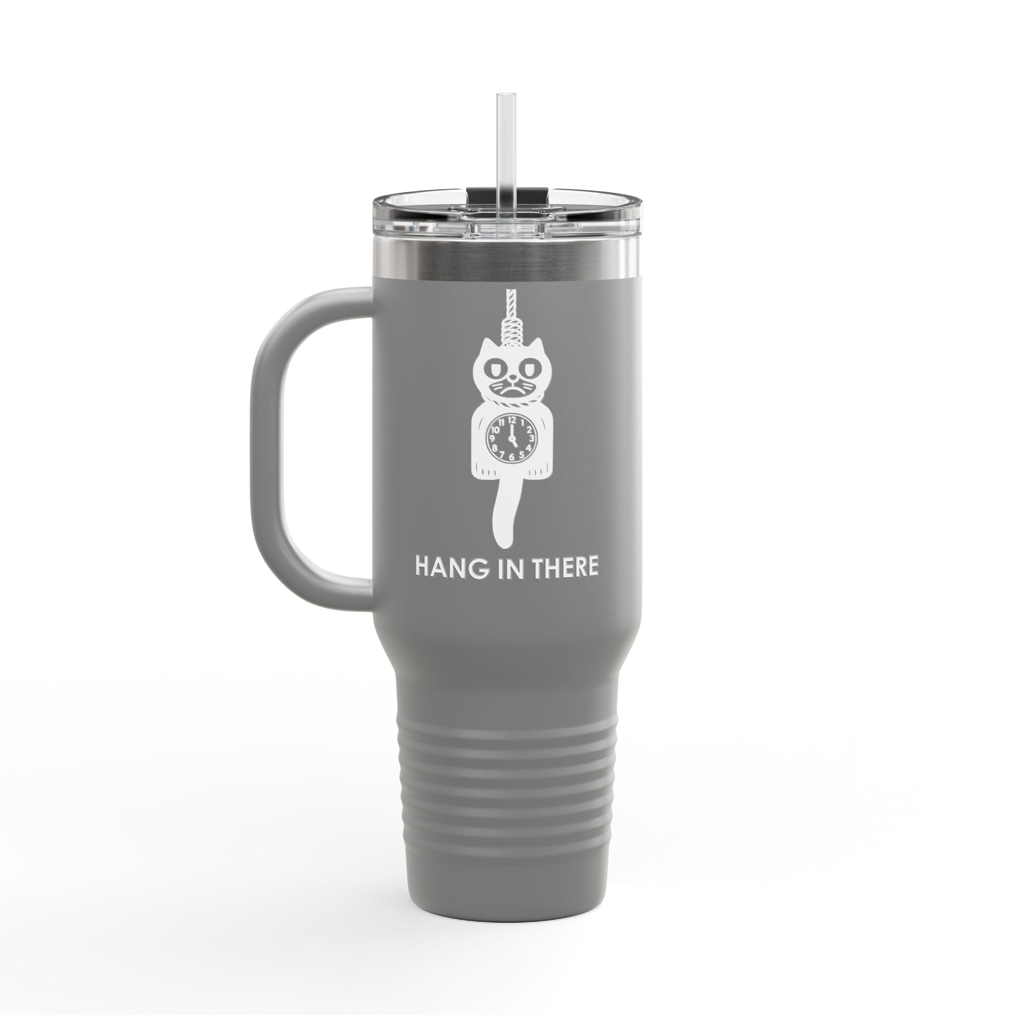 Hang In There Travel Mug – Dark Humor Cat Clock Parody Tumbler