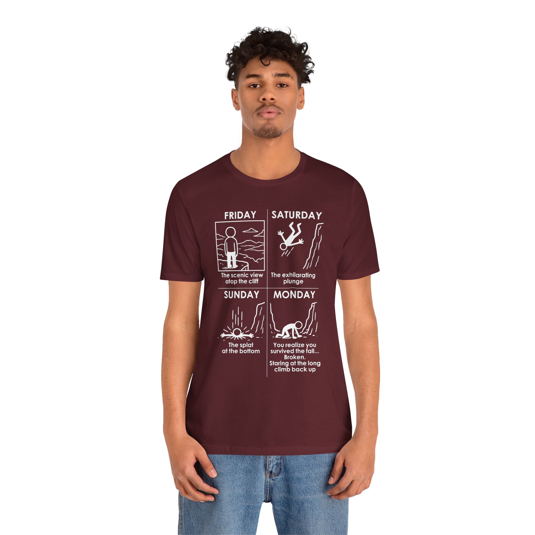 Weekend Cliff Comic T-Shirt – Dark Humor Friday to Monday Survival Graphic Tee