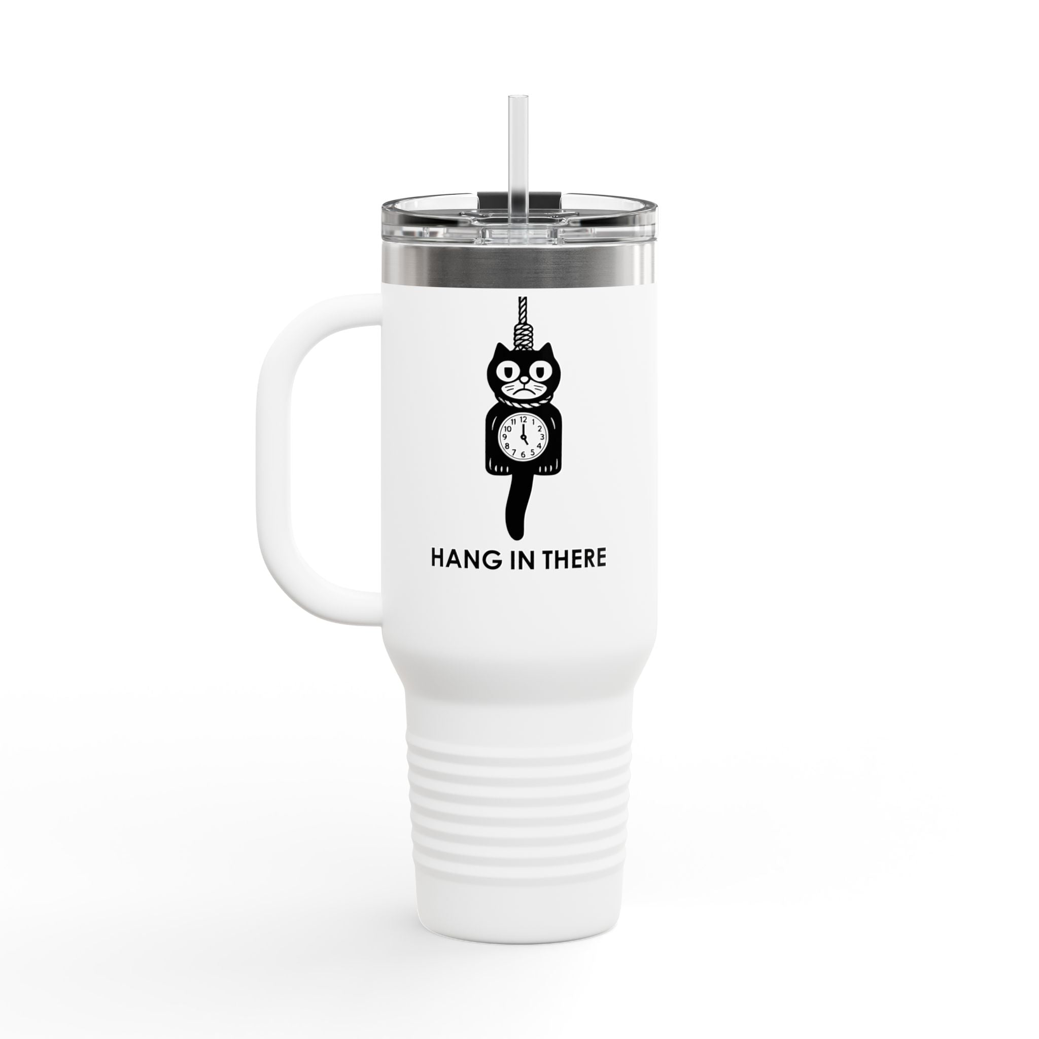 Hang In There Travel Mug – Dark Humor Cat Clock Parody Tumbler