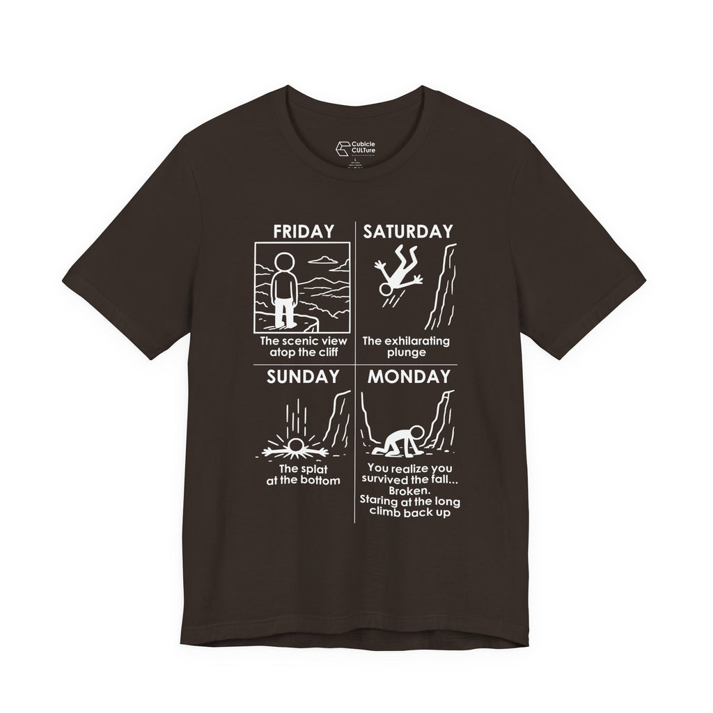 Weekend Cliff Comic T-Shirt – Dark Humor Friday to Monday Survival Graphic Tee