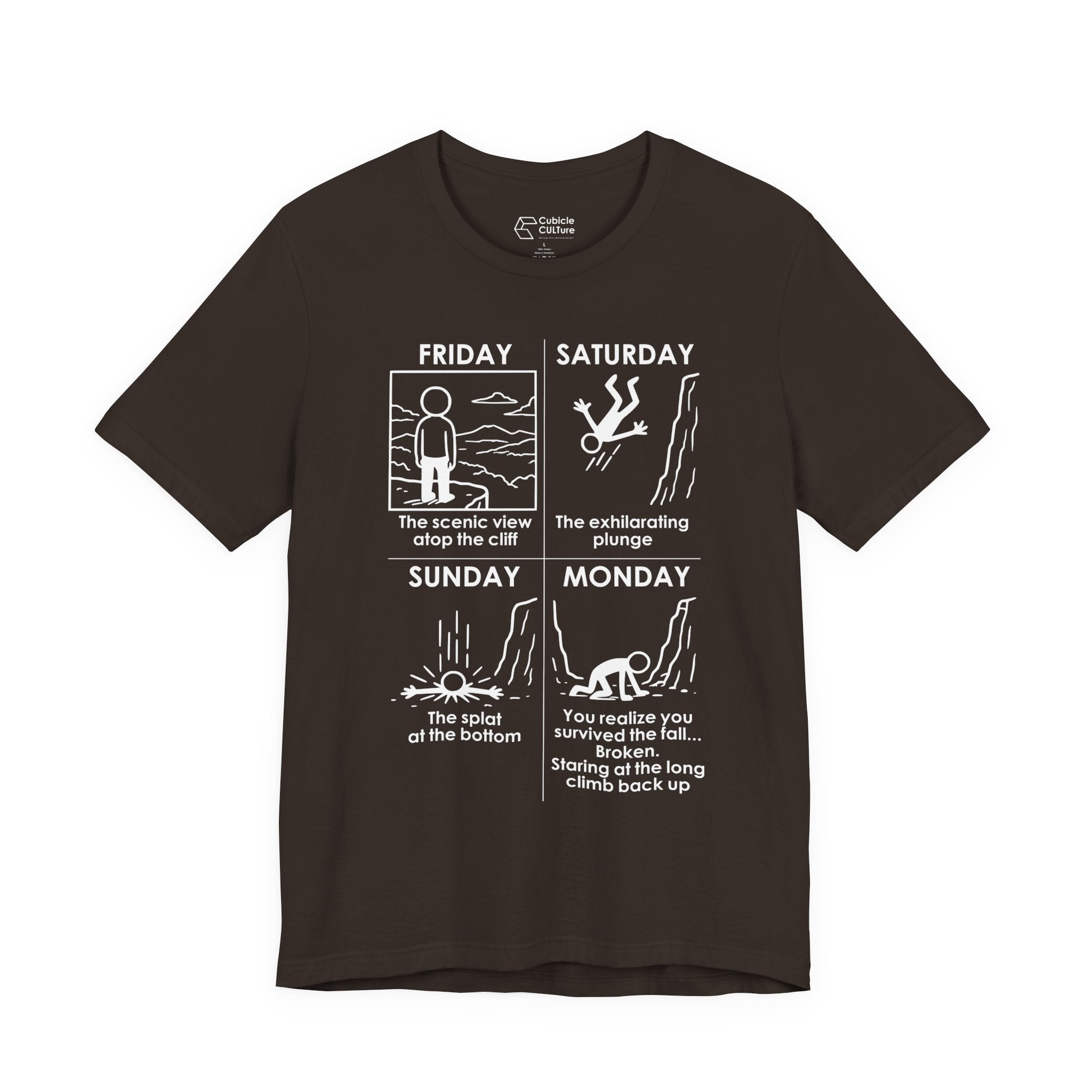 Weekend Cliff Comic T-Shirt – Dark Humor Friday to Monday Survival Graphic Tee