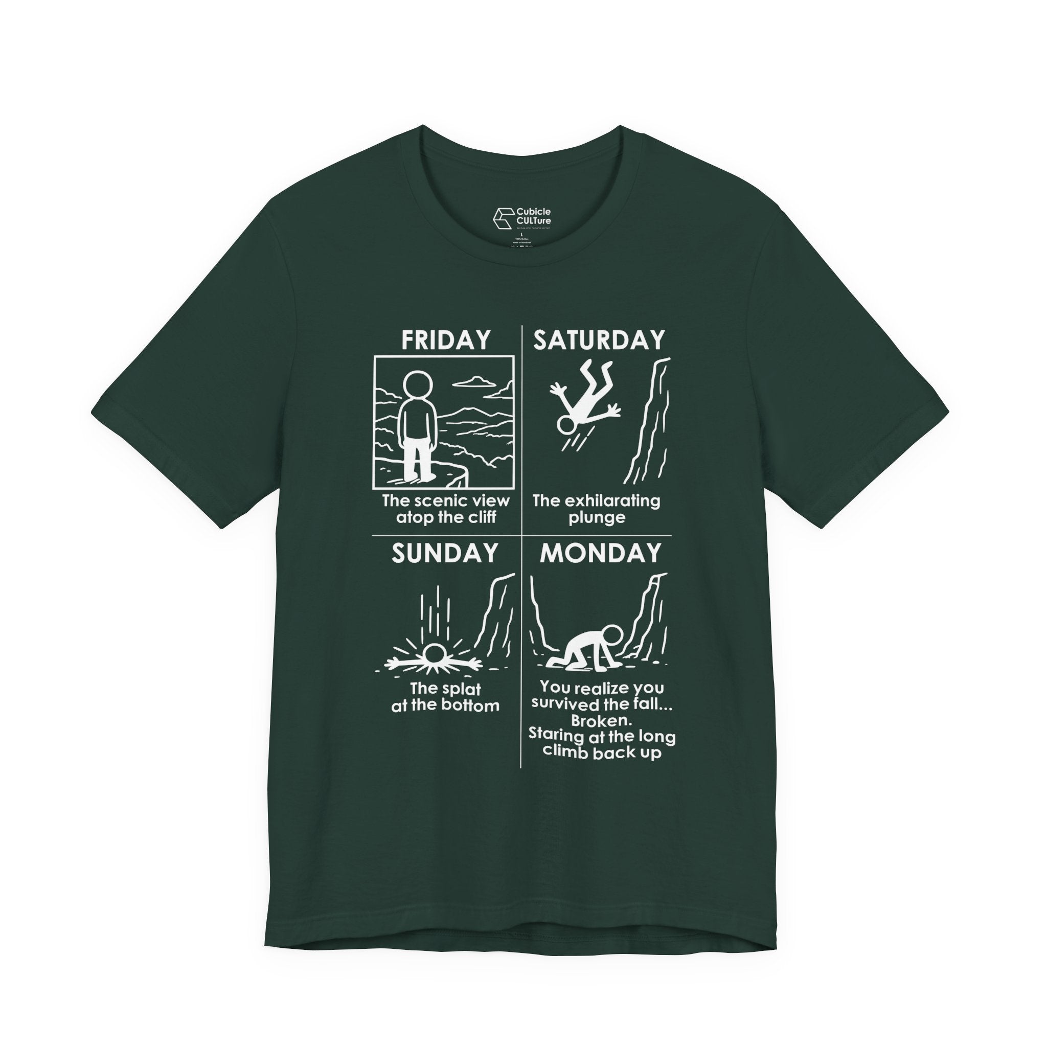 Weekend Cliff Comic T-Shirt – Dark Humor Friday to Monday Survival Graphic Tee