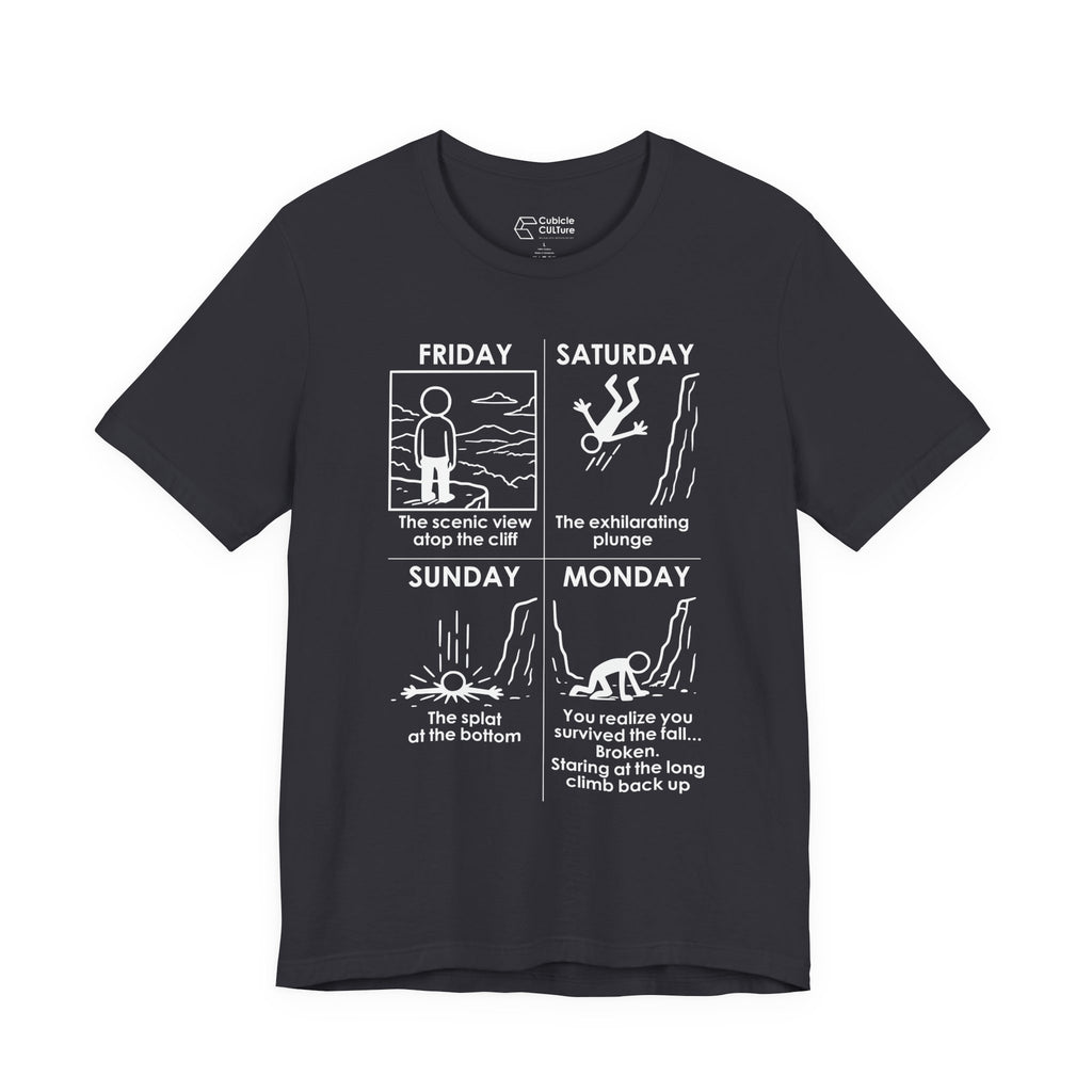 Weekend Cliff Comic T-Shirt – Dark Humor Friday to Monday Survival Graphic Tee