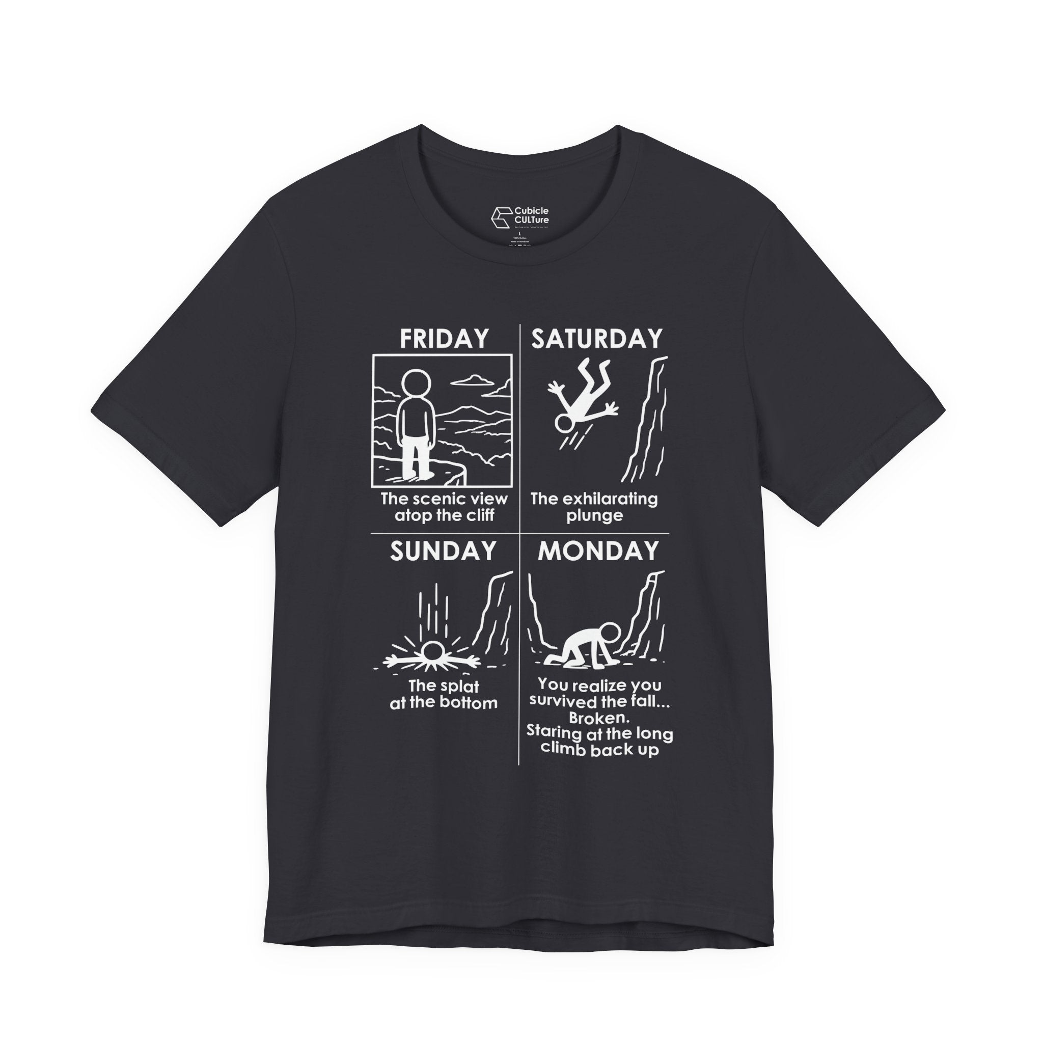 Weekend Cliff Comic T-Shirt – Dark Humor Friday to Monday Survival Graphic Tee