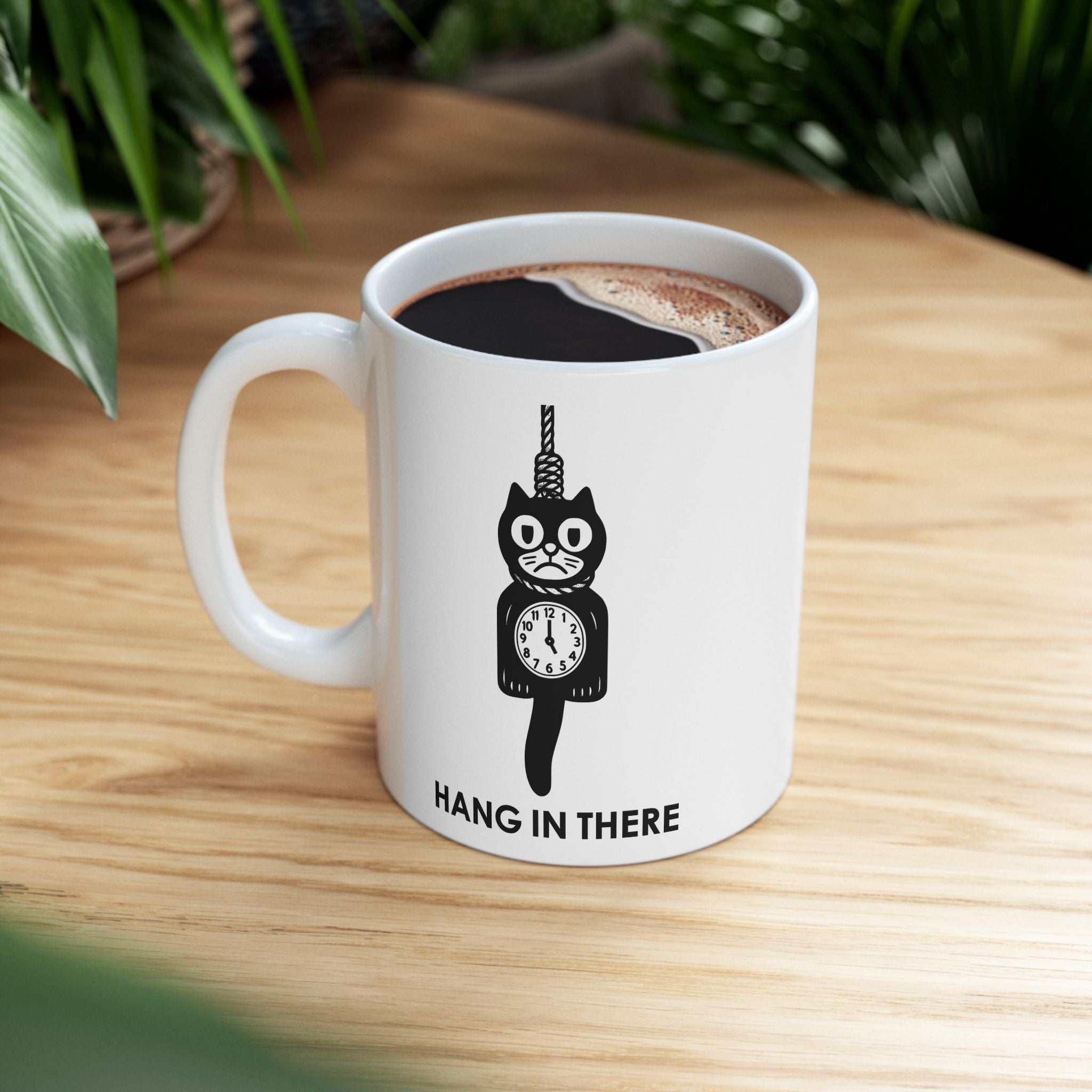 Hang In There Coffee Mug – Dark Humor Cat Clock Parody Cup