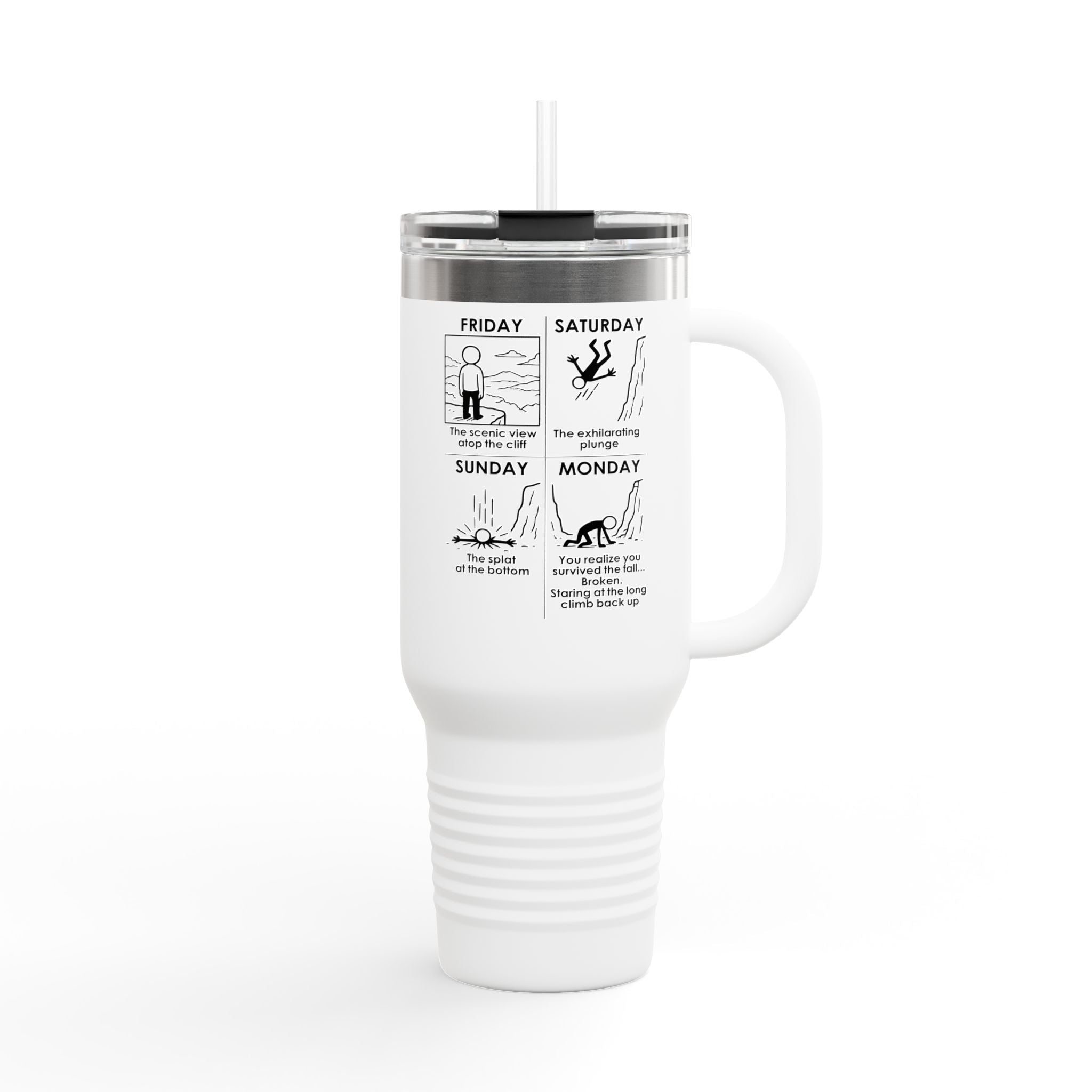 Weekend Cliff Comic Travel Mug – Dark Humor Friday to Monday Survival Tumbler