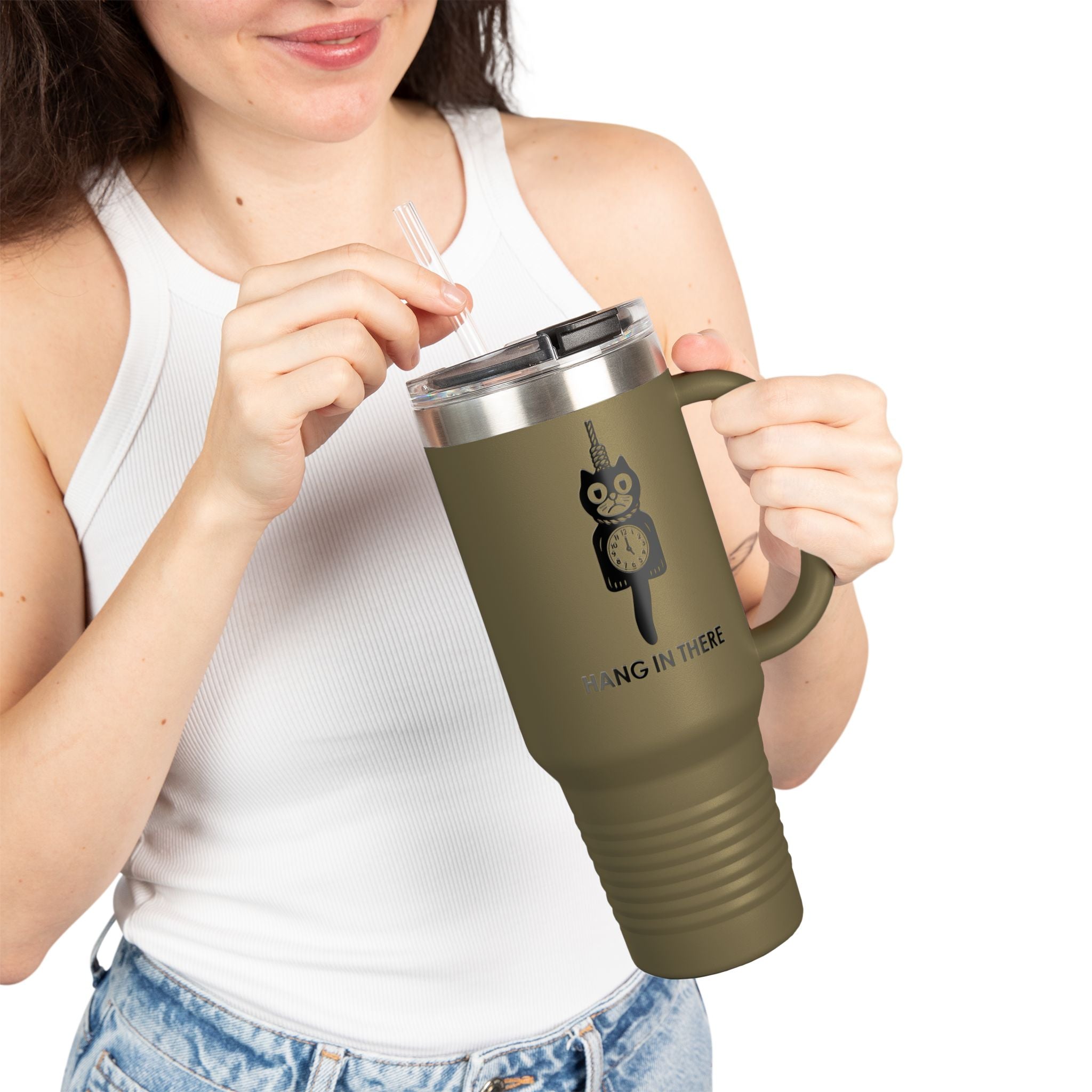Hang In There Travel Mug – Dark Humor Cat Clock Parody Tumbler