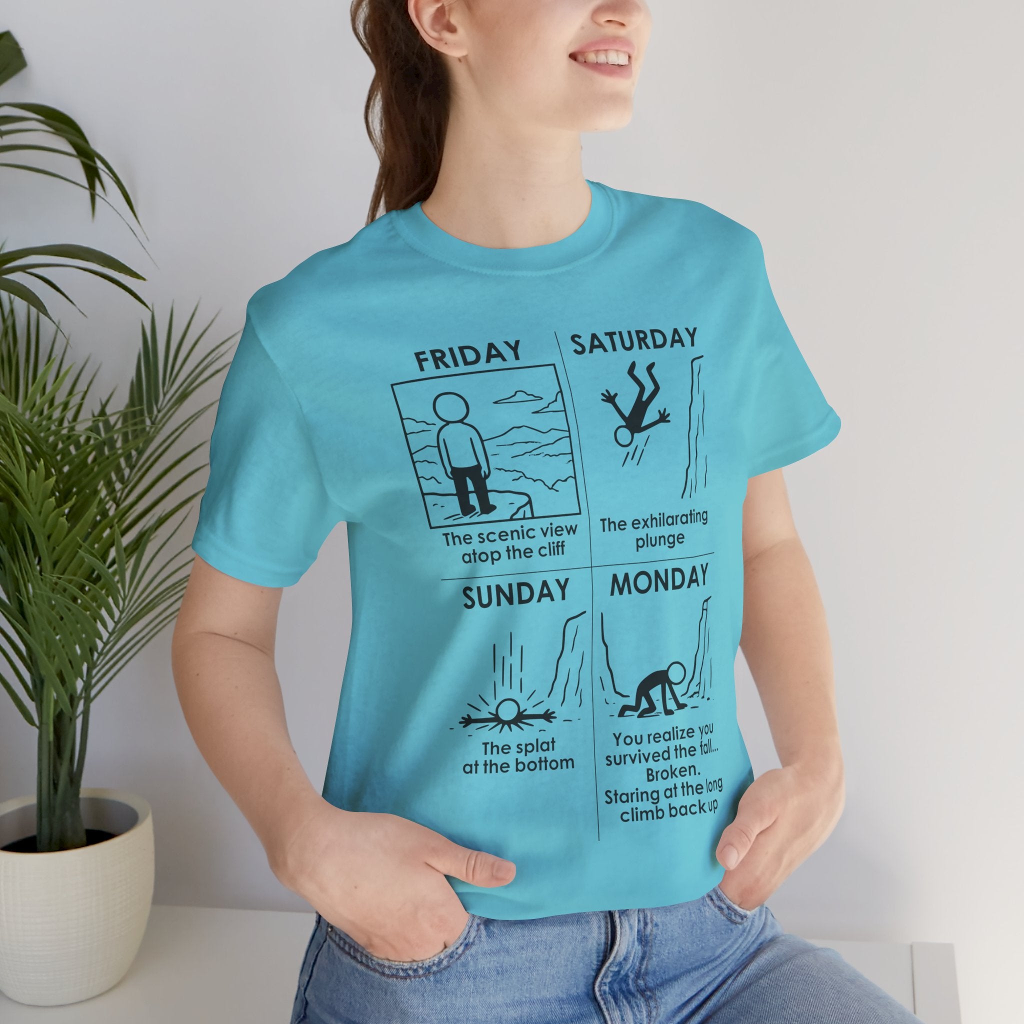 Weekend Cliff Comic T-Shirt – Cliffverse Dark Humor Friday to Monday Survival Graphic Tee