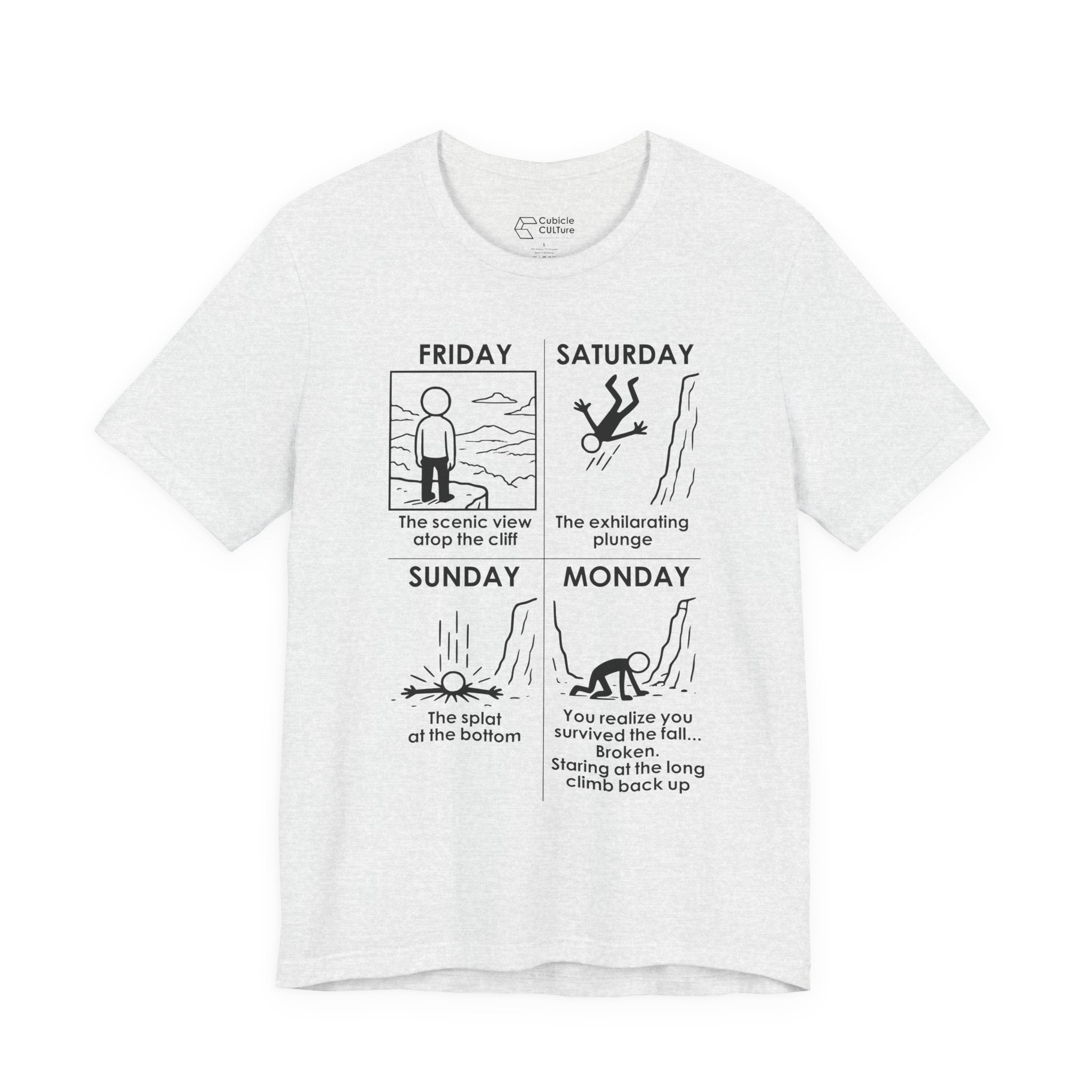 Weekend Cliff Comic T-Shirt – Dark Humor Friday to Monday Survival Graphic Tee