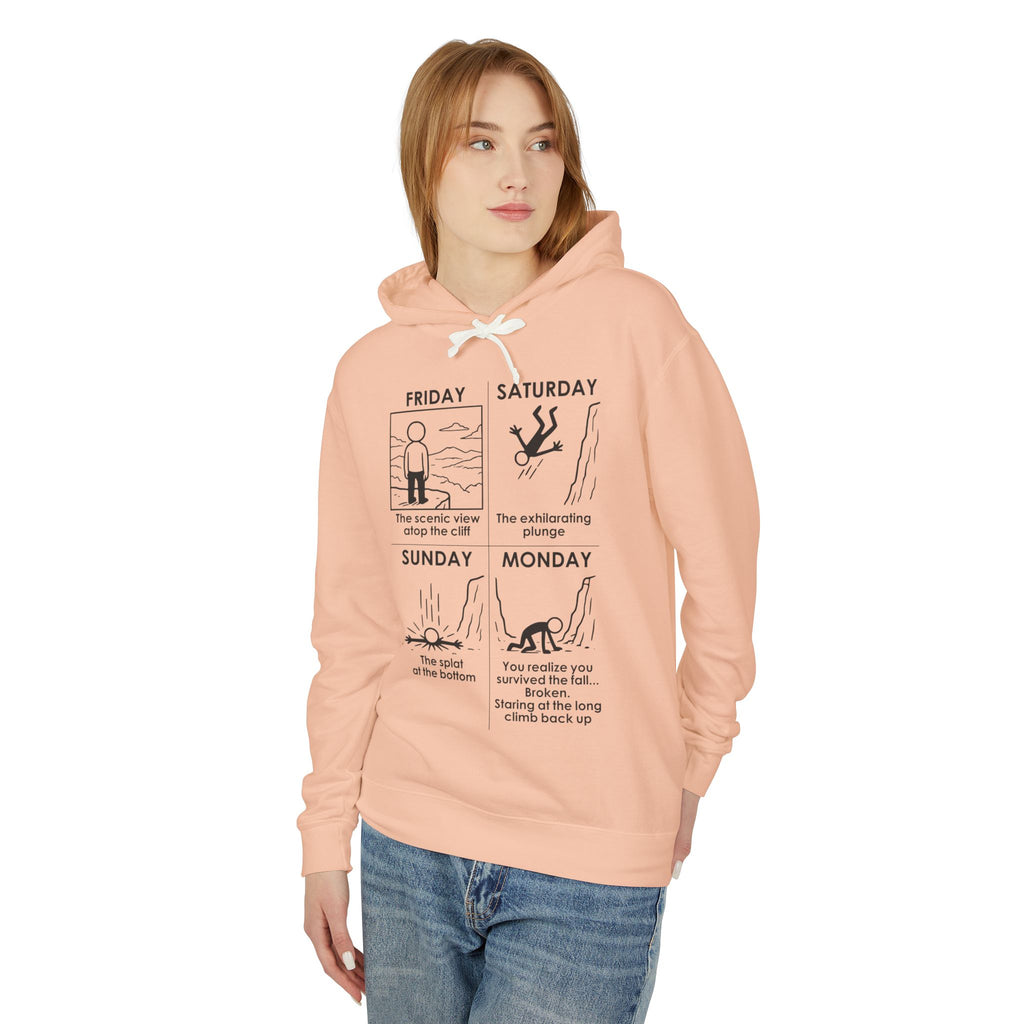 Weekend Cliff Comic Hoodie – Dark Humor Friday to Monday Survival Sweatshirt