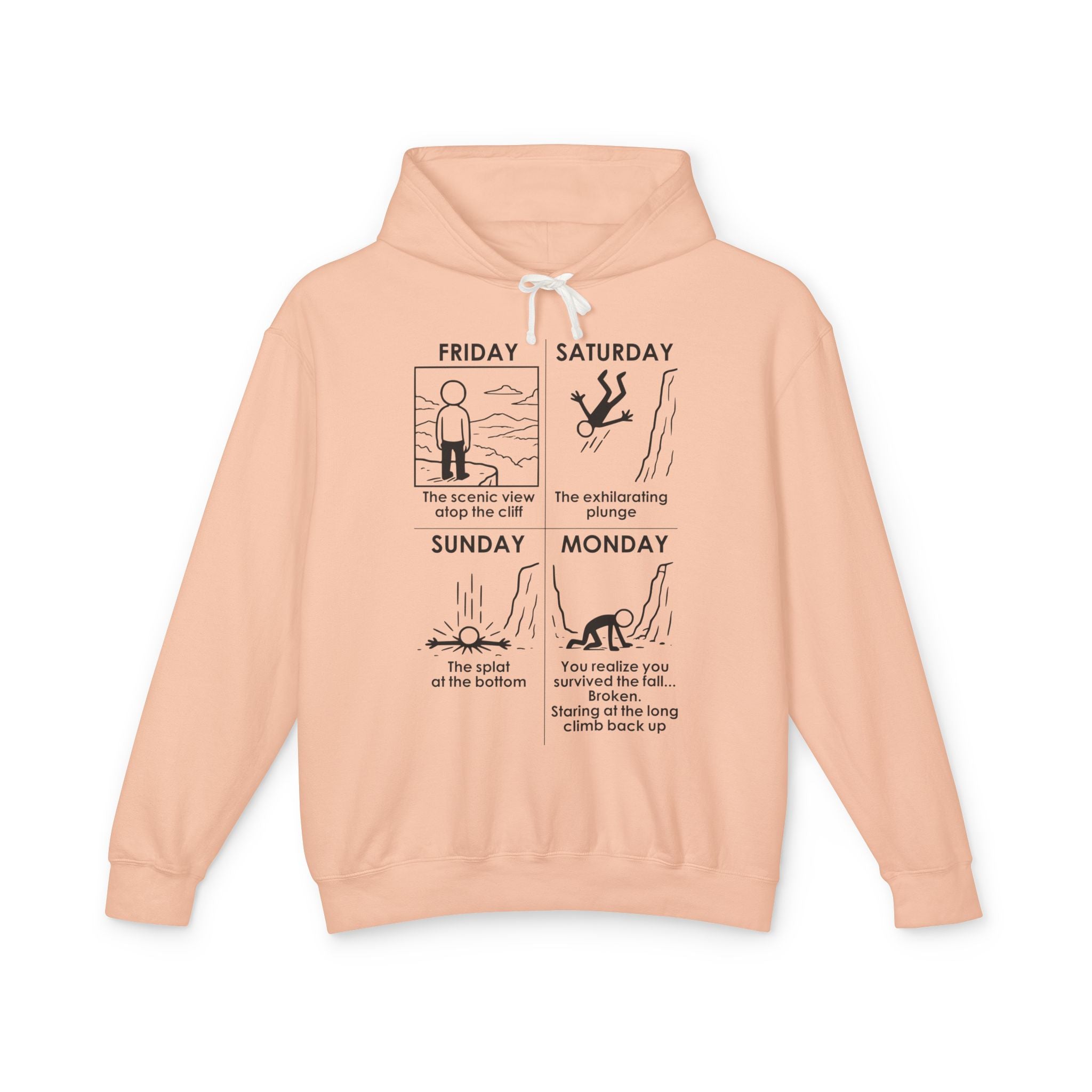 Weekend Cliff Comic Hoodie – Dark Humor Friday to Monday Survival Sweatshirt
