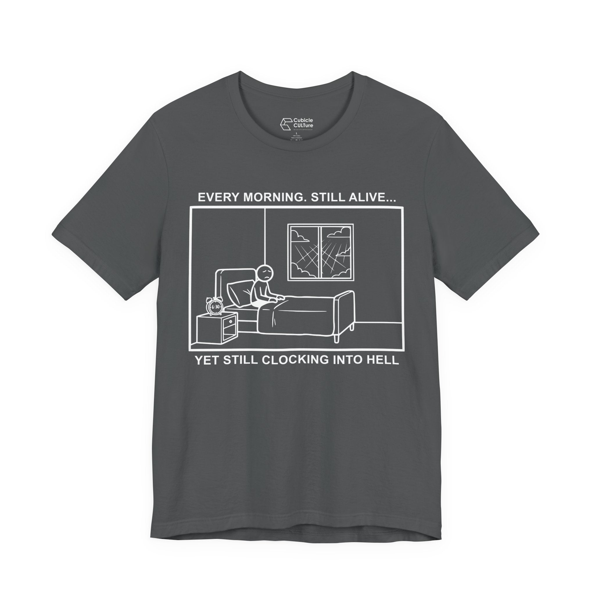 Every Morning — Clocking into Hell T-Shirt – Cliffverse Office Humor Graphic Tee for Corporate Survivors