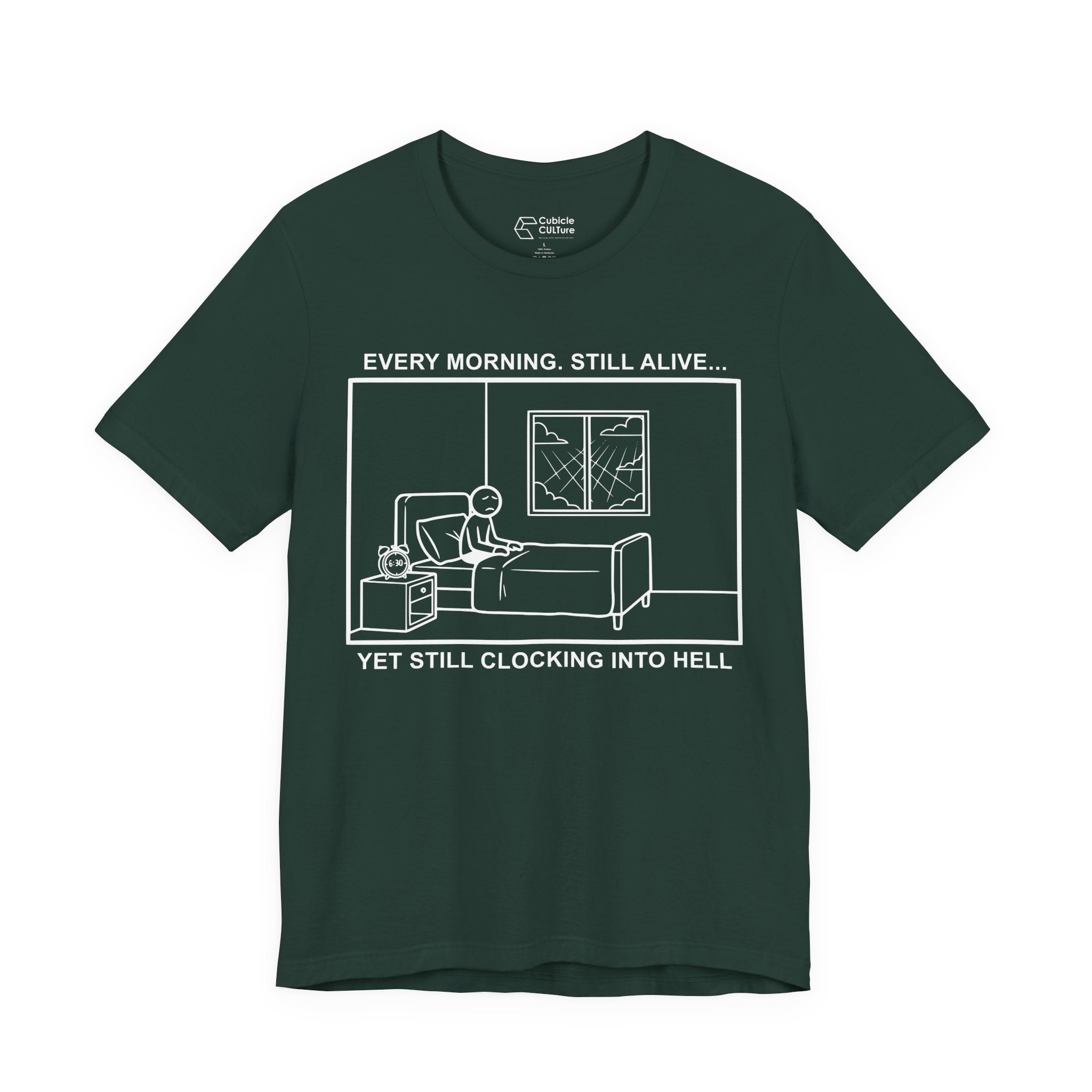 Every Morning — Clocking into Hell T-Shirt – Cliffverse Office Humor Graphic Tee for Corporate Survivors