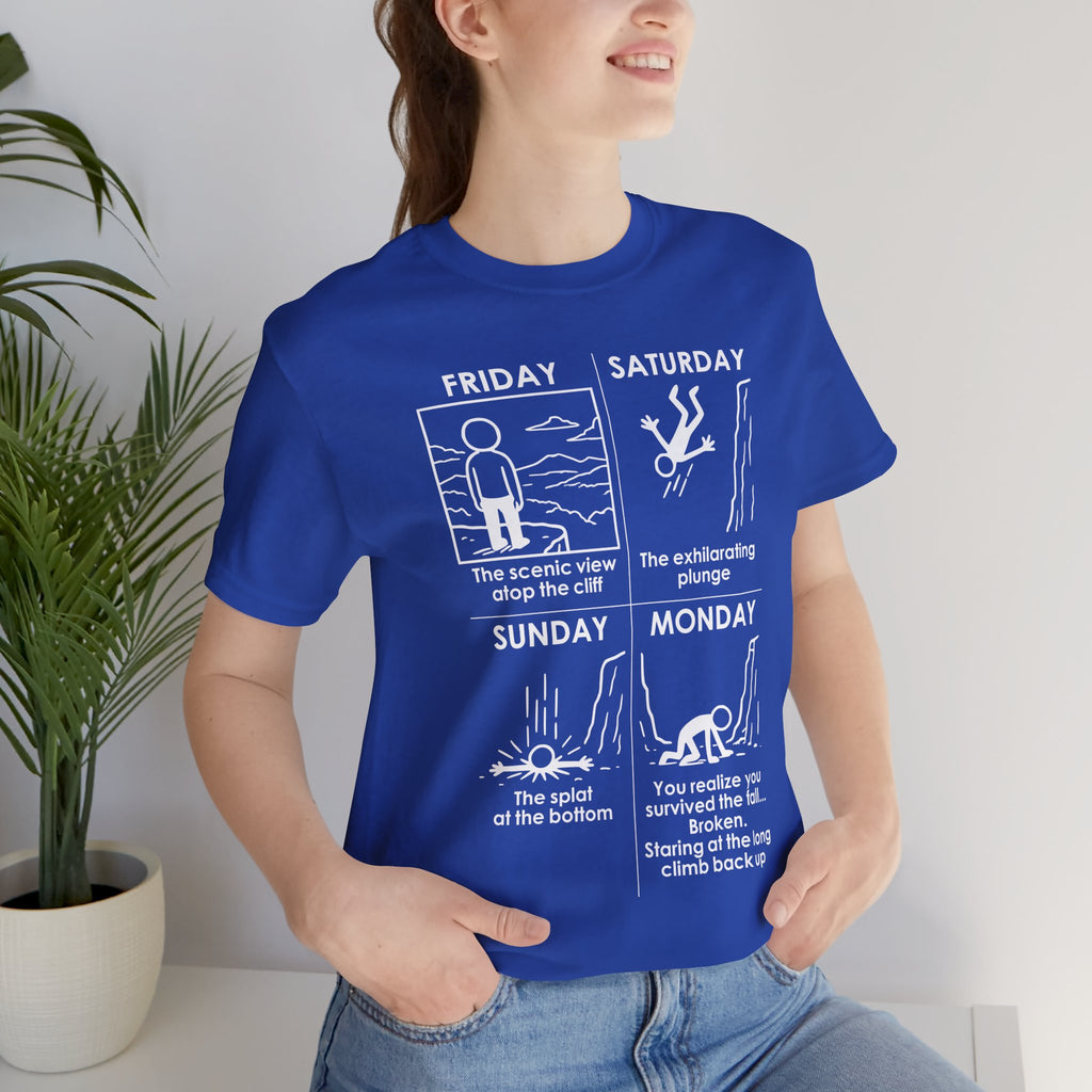 Weekend Cliff Comic T-Shirt – Dark Humor Friday to Monday Survival Graphic Tee