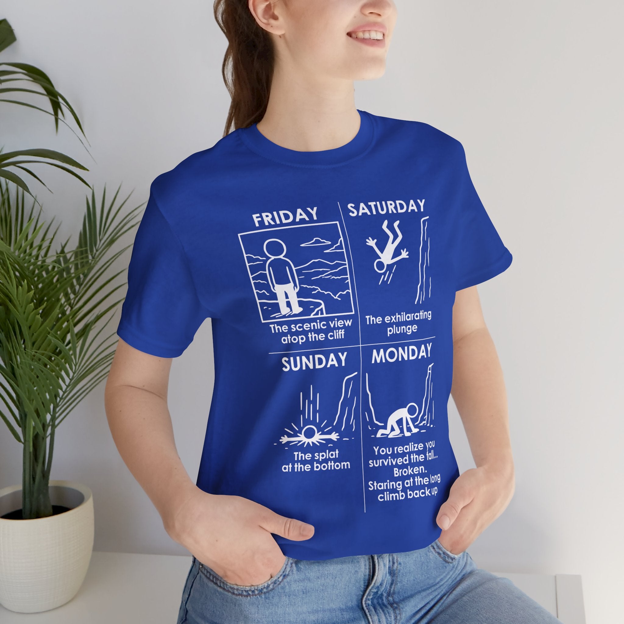 Weekend Cliff Comic T-Shirt – Dark Humor Friday to Monday Survival Graphic Tee