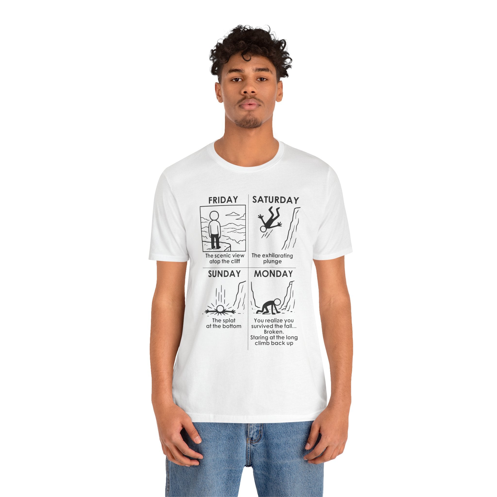 Weekend Cliff Comic T-Shirt – Cliffverse Dark Humor Friday to Monday Survival Graphic Tee