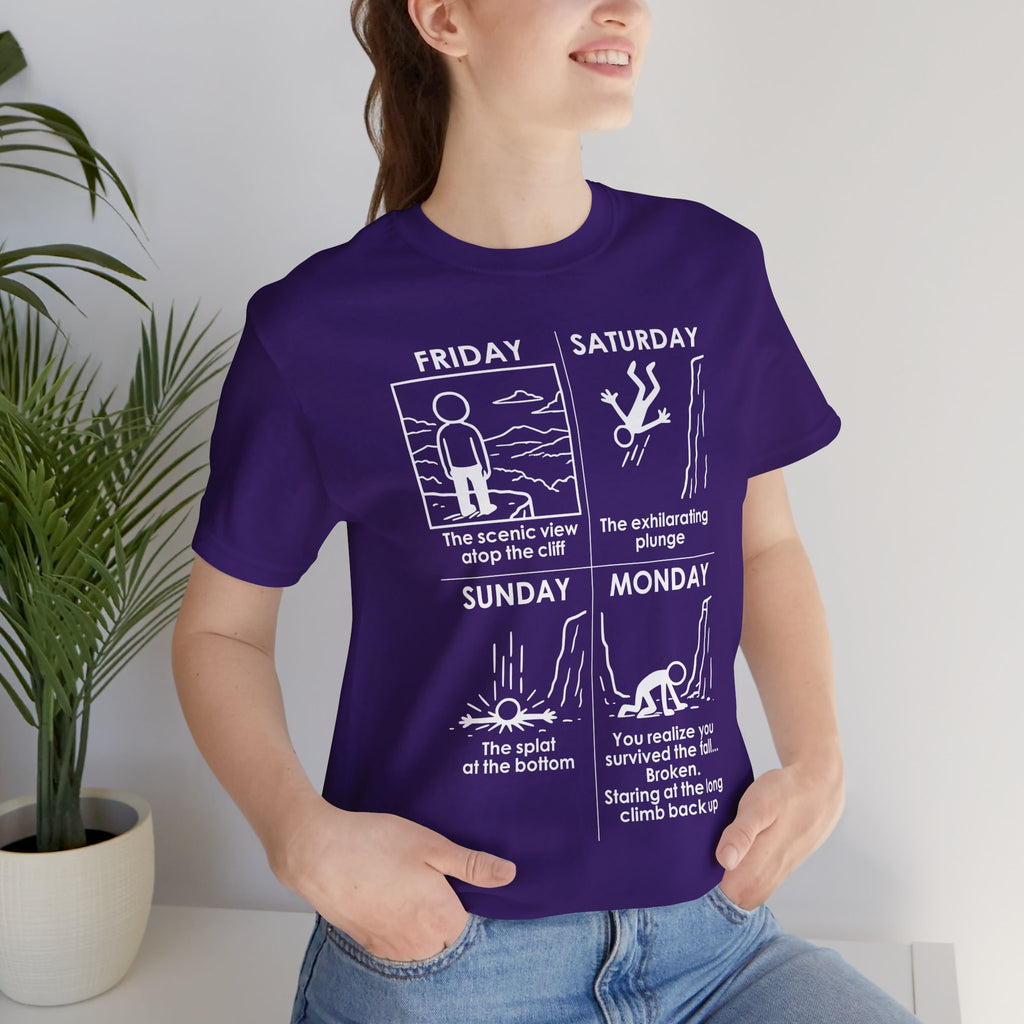 Weekend Cliff Comic T-Shirt – Dark Humor Friday to Monday Survival Graphic Tee
