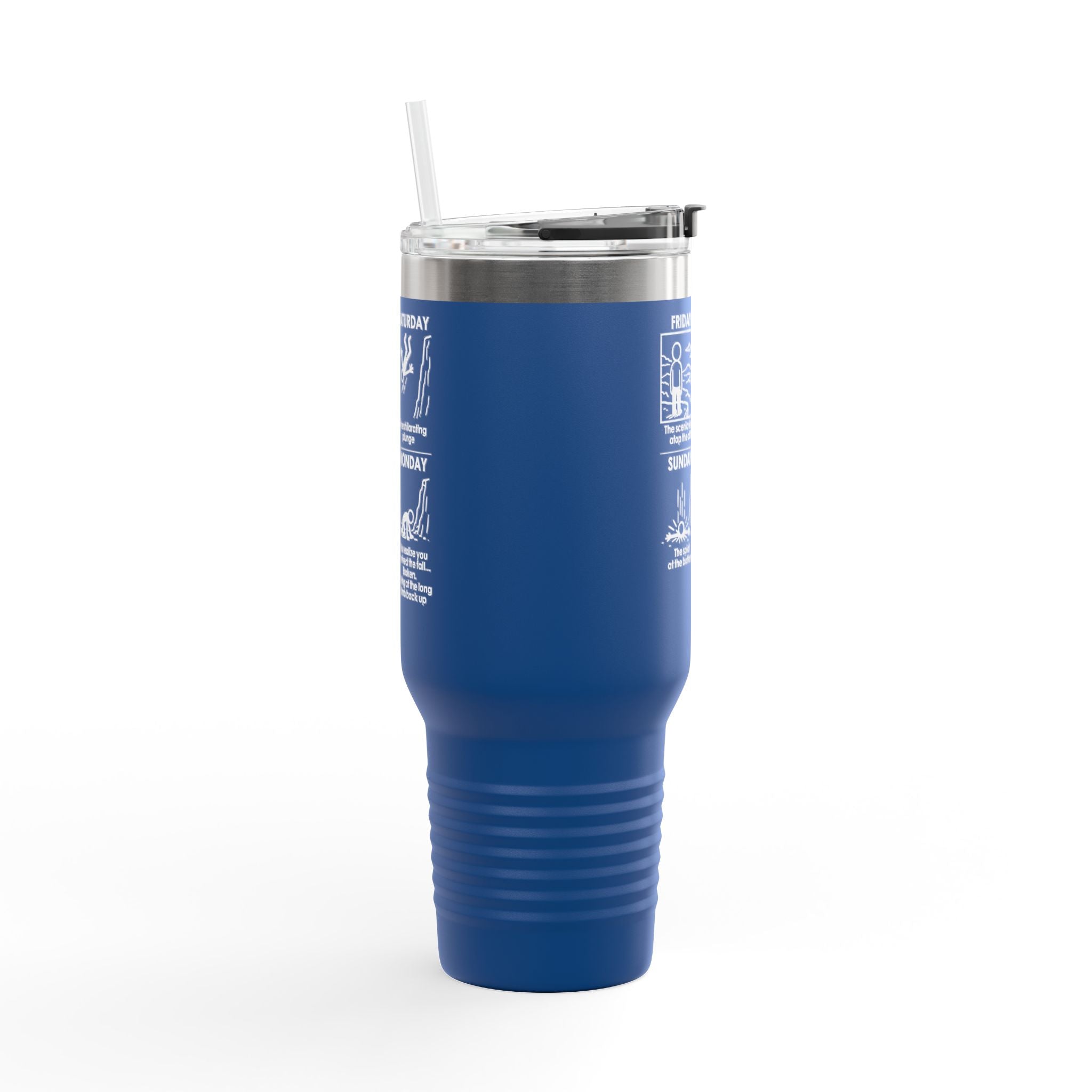 Weekend Cliff Comic Travel Mug – Dark Humor Friday to Monday Survival Tumbler