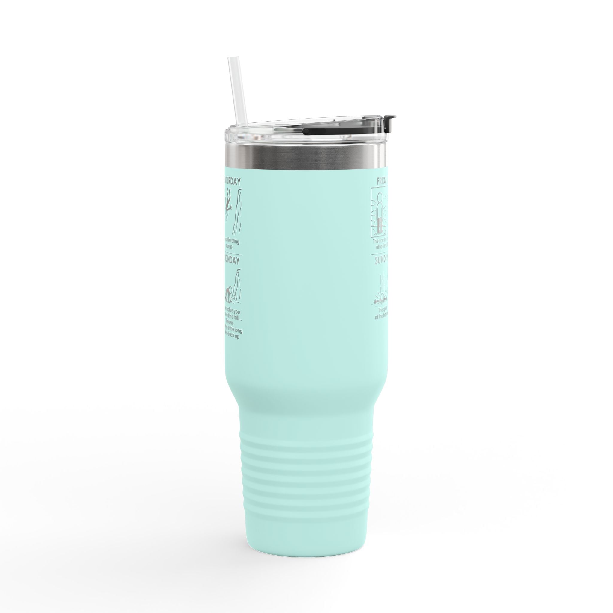 Weekend Cliff Comic Travel Mug – Dark Humor Friday to Monday Survival Tumbler