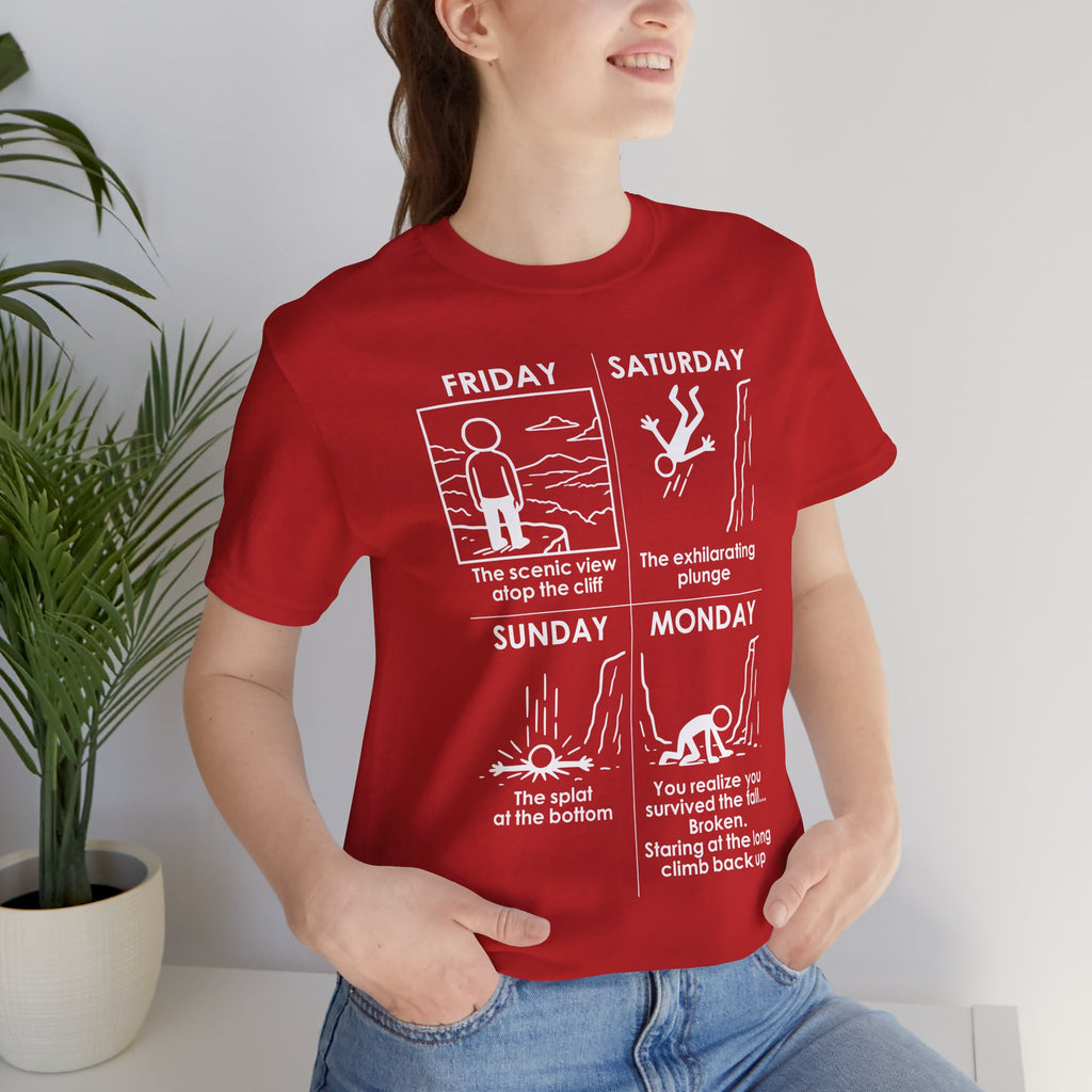 Weekend Cliff Comic T-Shirt – Dark Humor Friday to Monday Survival Graphic Tee