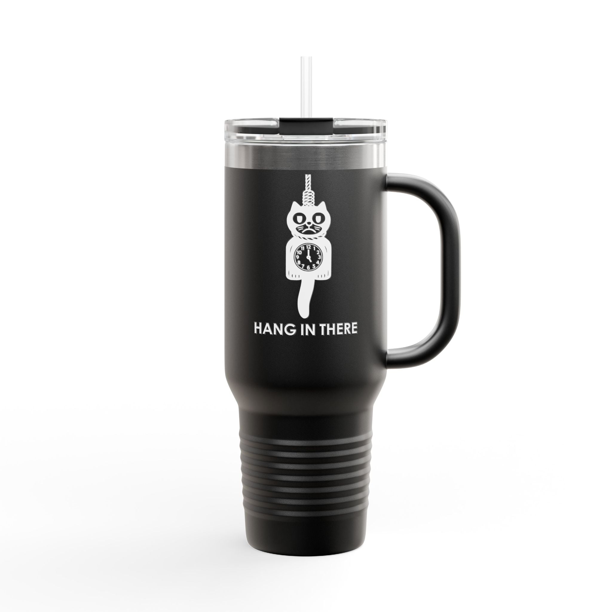 Hang In There Travel Mug – Dark Humor Cat Clock Parody Tumbler