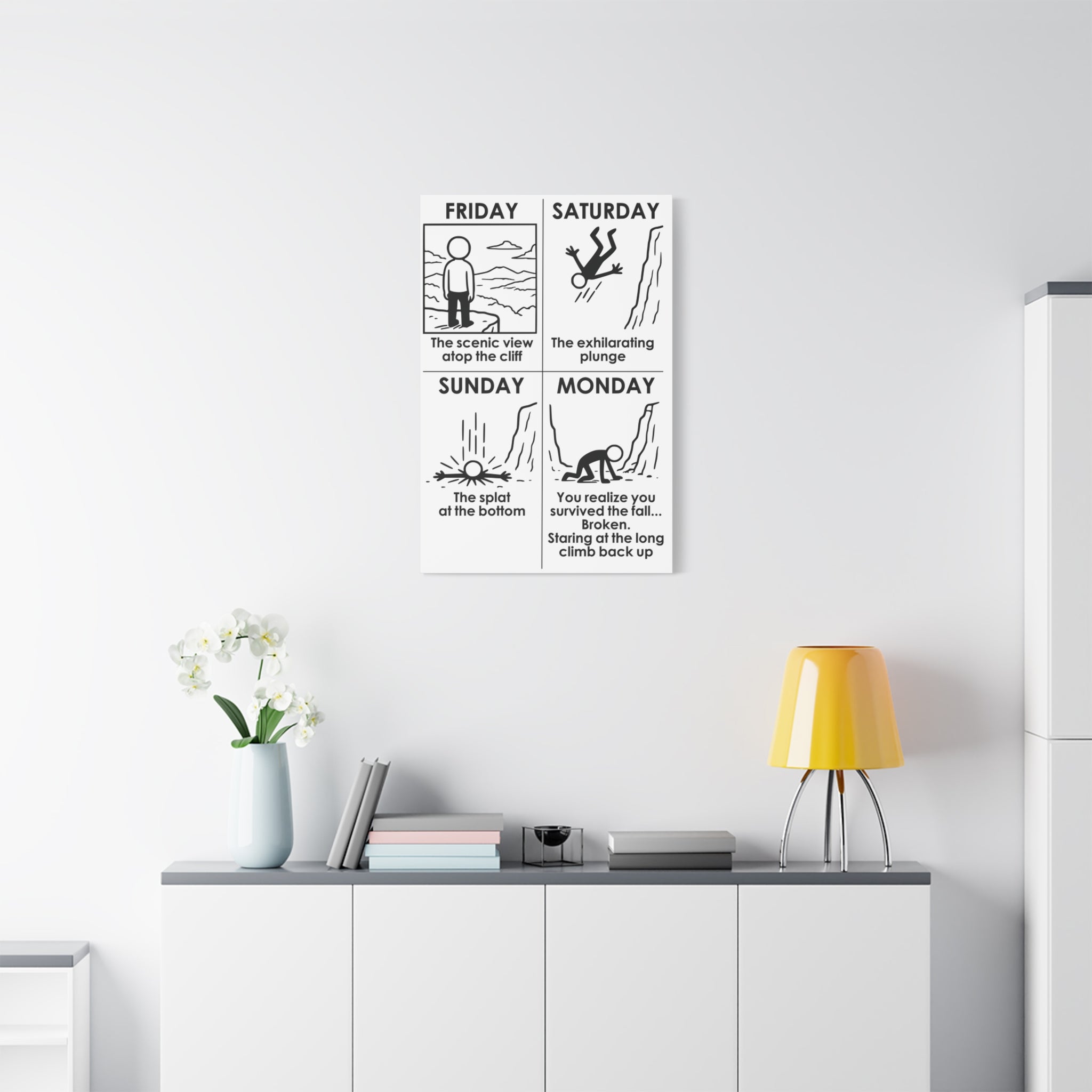 Weekend Cliff Comic Canvas – Dark Humor Friday to Monday Survival Office Wall Art