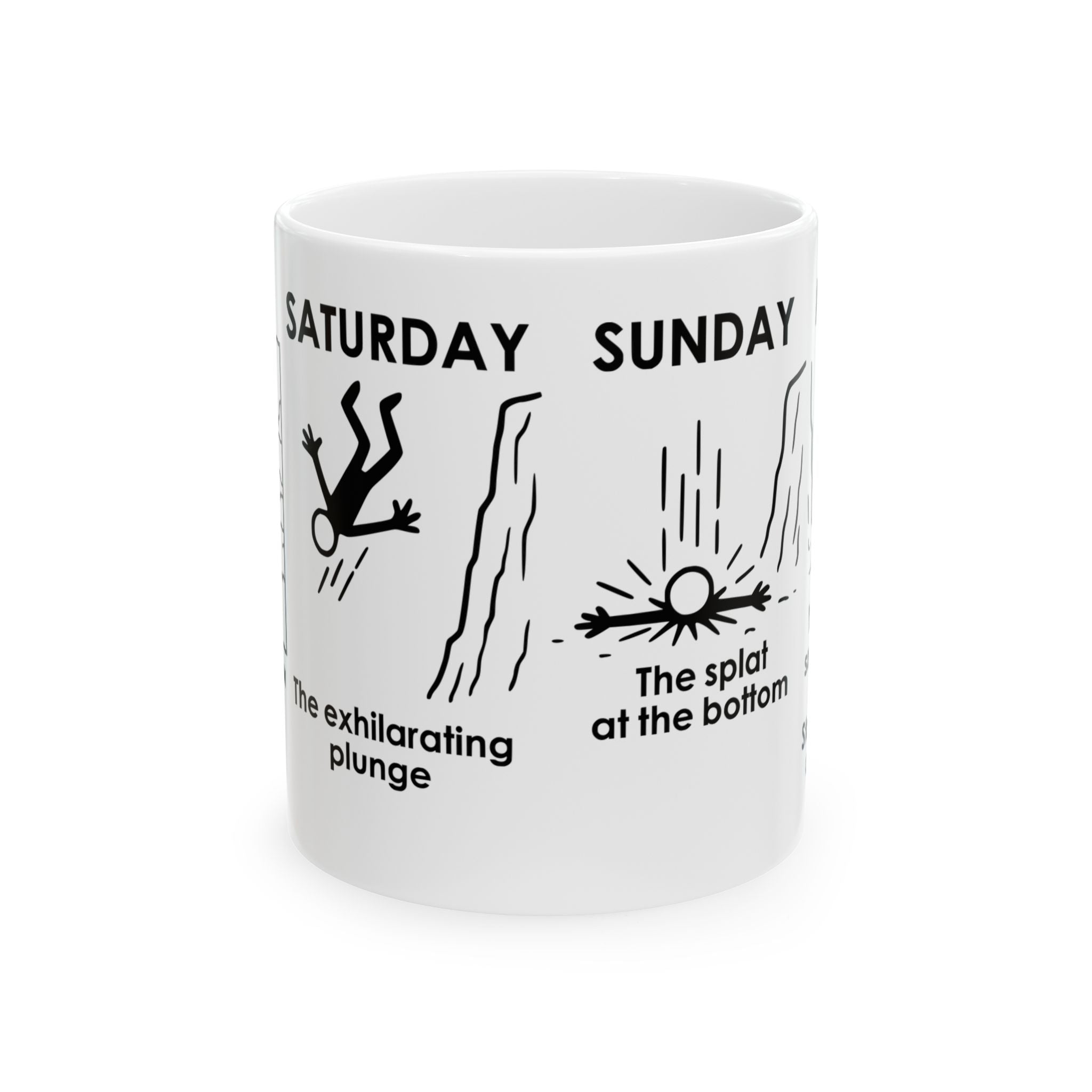 Weekend Cliff Comic Coffee Mug – Dark Humor Friday to Monday Survival Cup