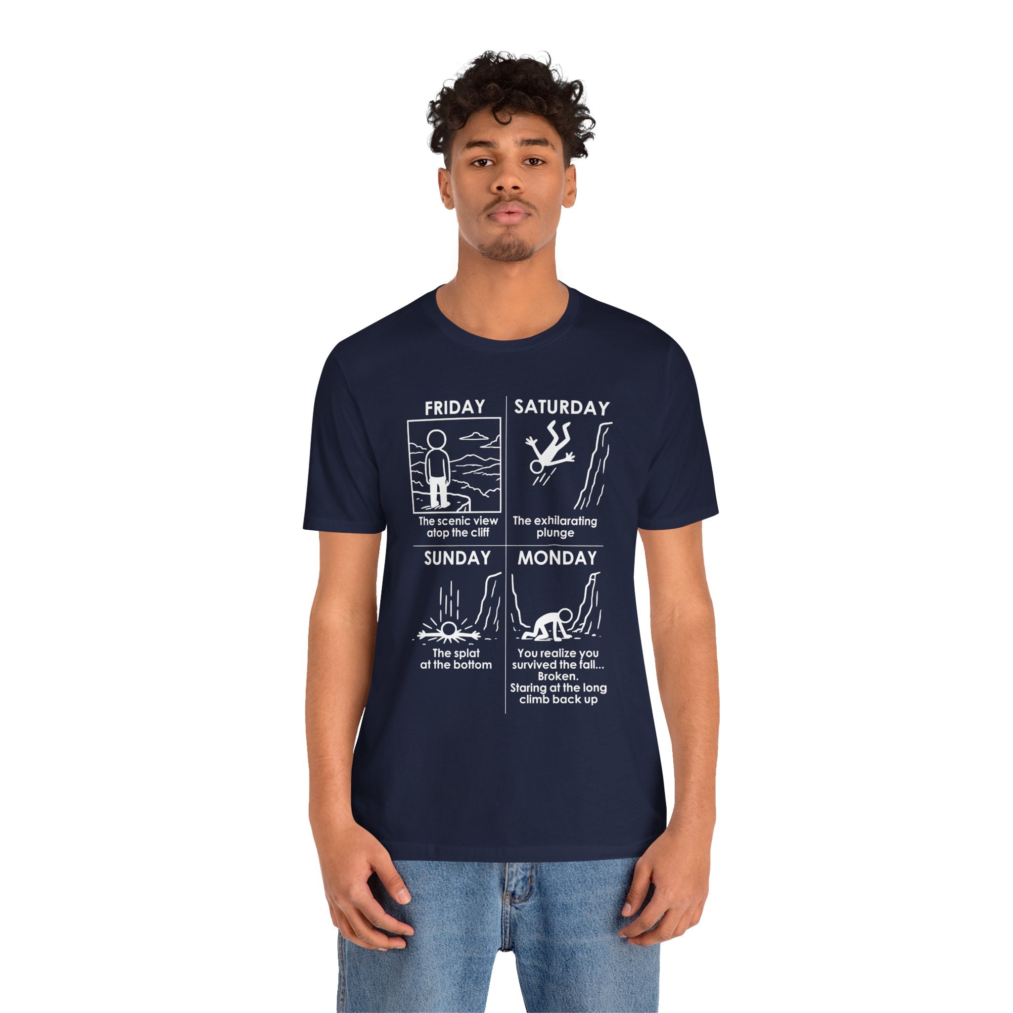 Weekend Cliff Comic T-Shirt – Cliffverse Dark Humor Friday to Monday Survival Graphic Tee