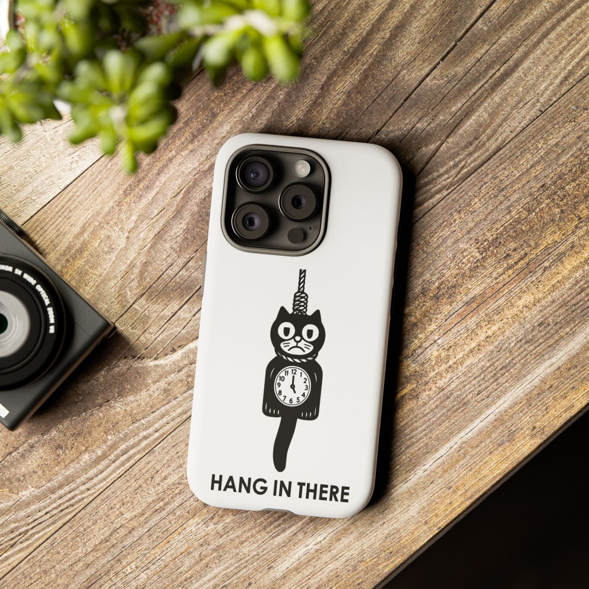 Hang In There Phone Case – Dark Humor Cat Clock Parody Mobile Cover