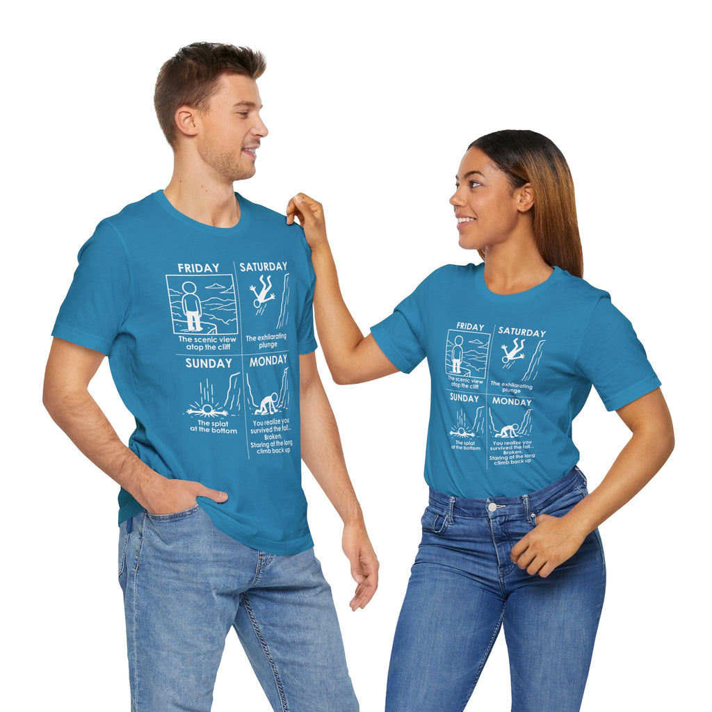 Weekend Cliff Comic T-Shirt – Dark Humor Friday to Monday Survival Graphic Tee