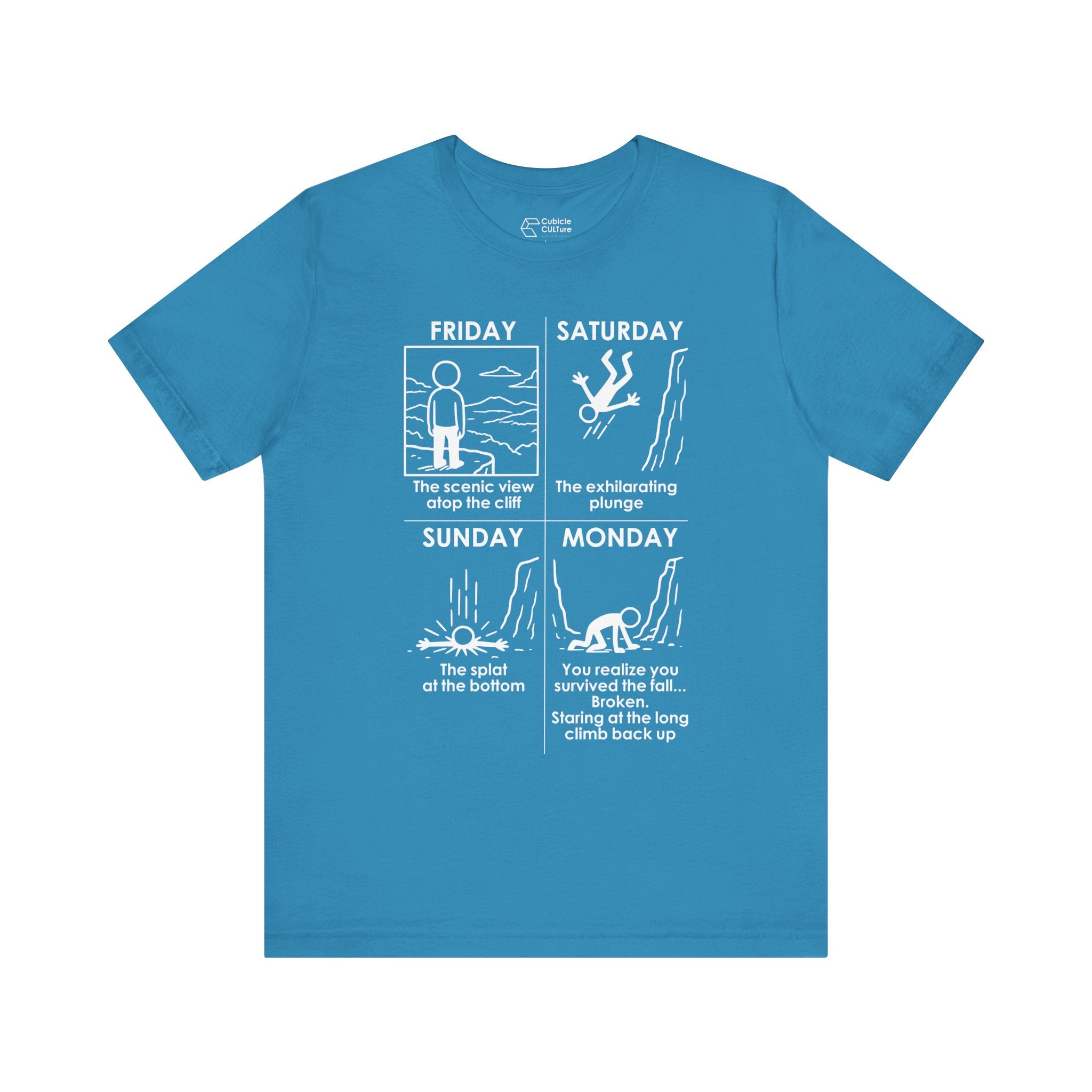 Weekend Cliff Comic T-Shirt – Dark Humor Friday to Monday Survival Graphic Tee