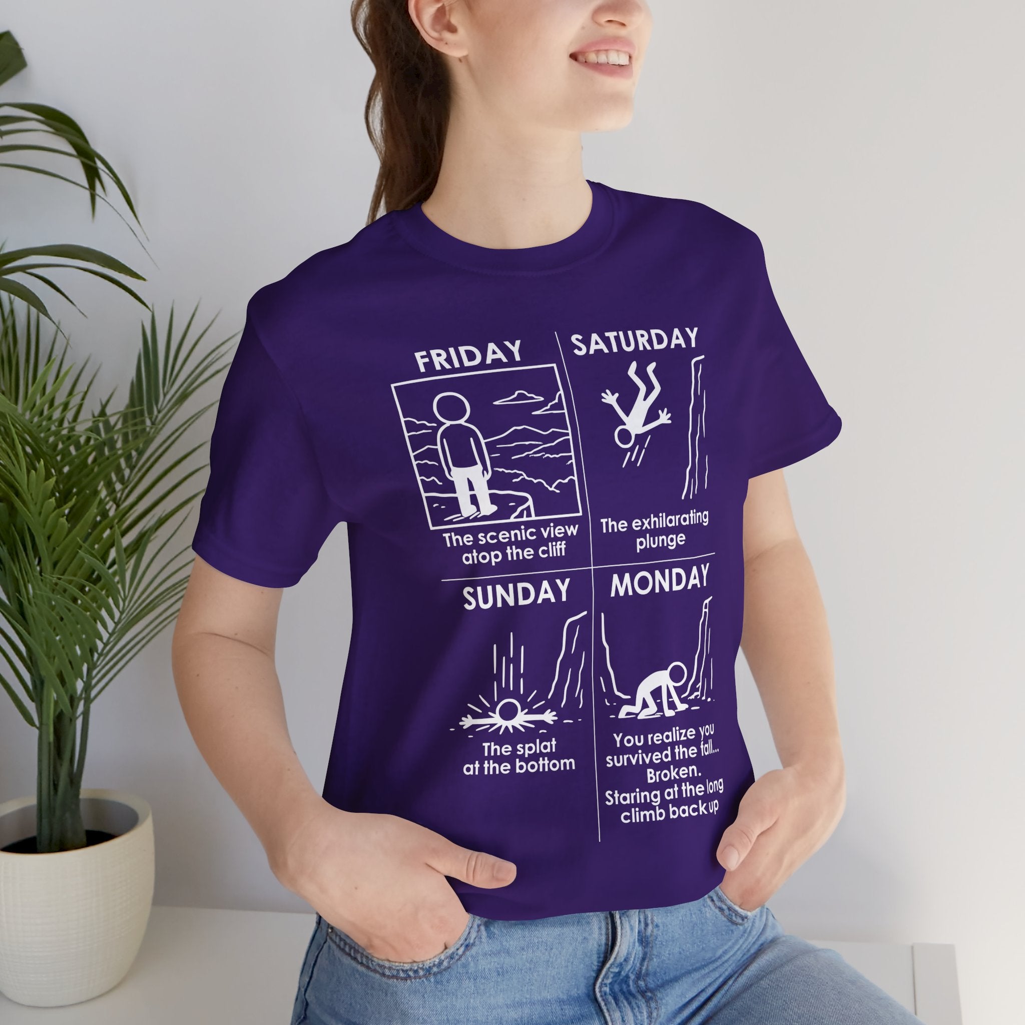 Weekend Cliff Comic T-Shirt – Cliffverse Dark Humor Friday to Monday Survival Graphic Tee