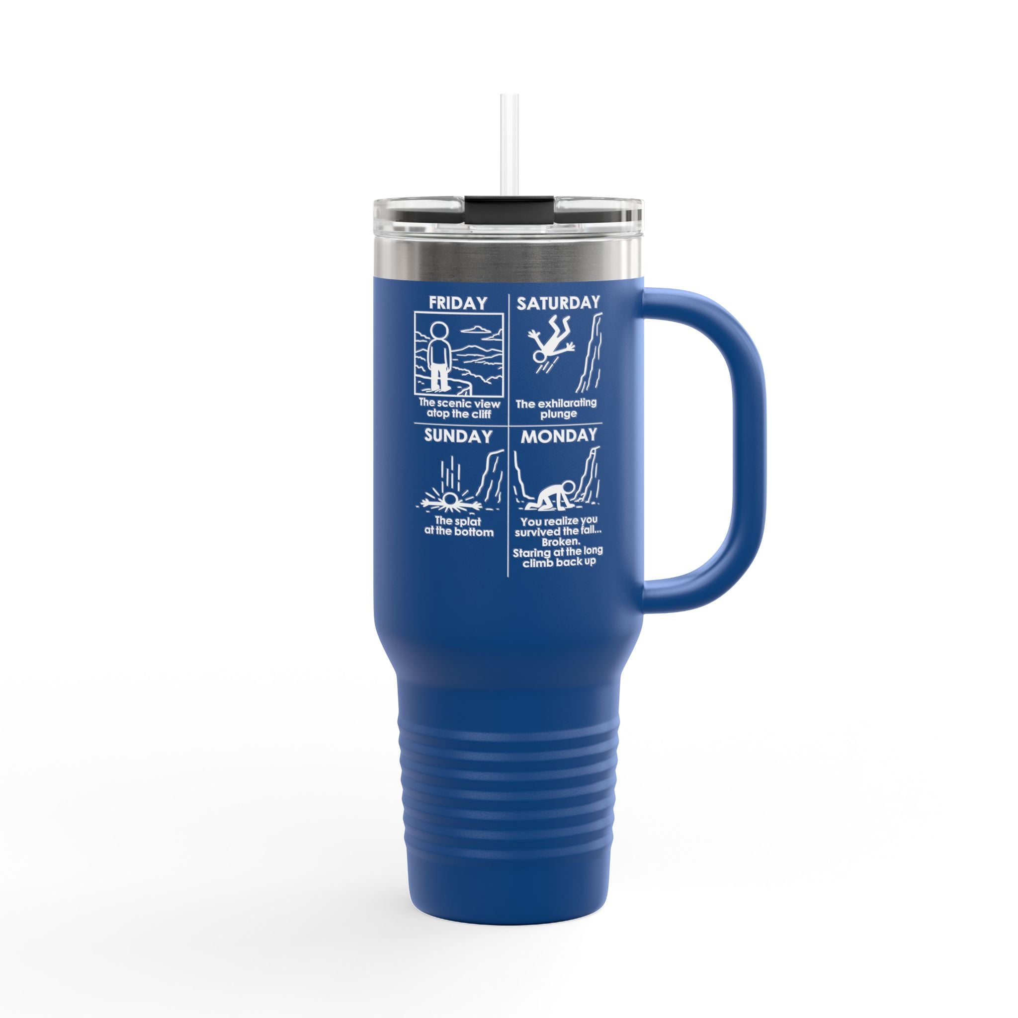 Weekend Cliff Comic Travel Mug – Dark Humor Friday to Monday Survival Tumbler