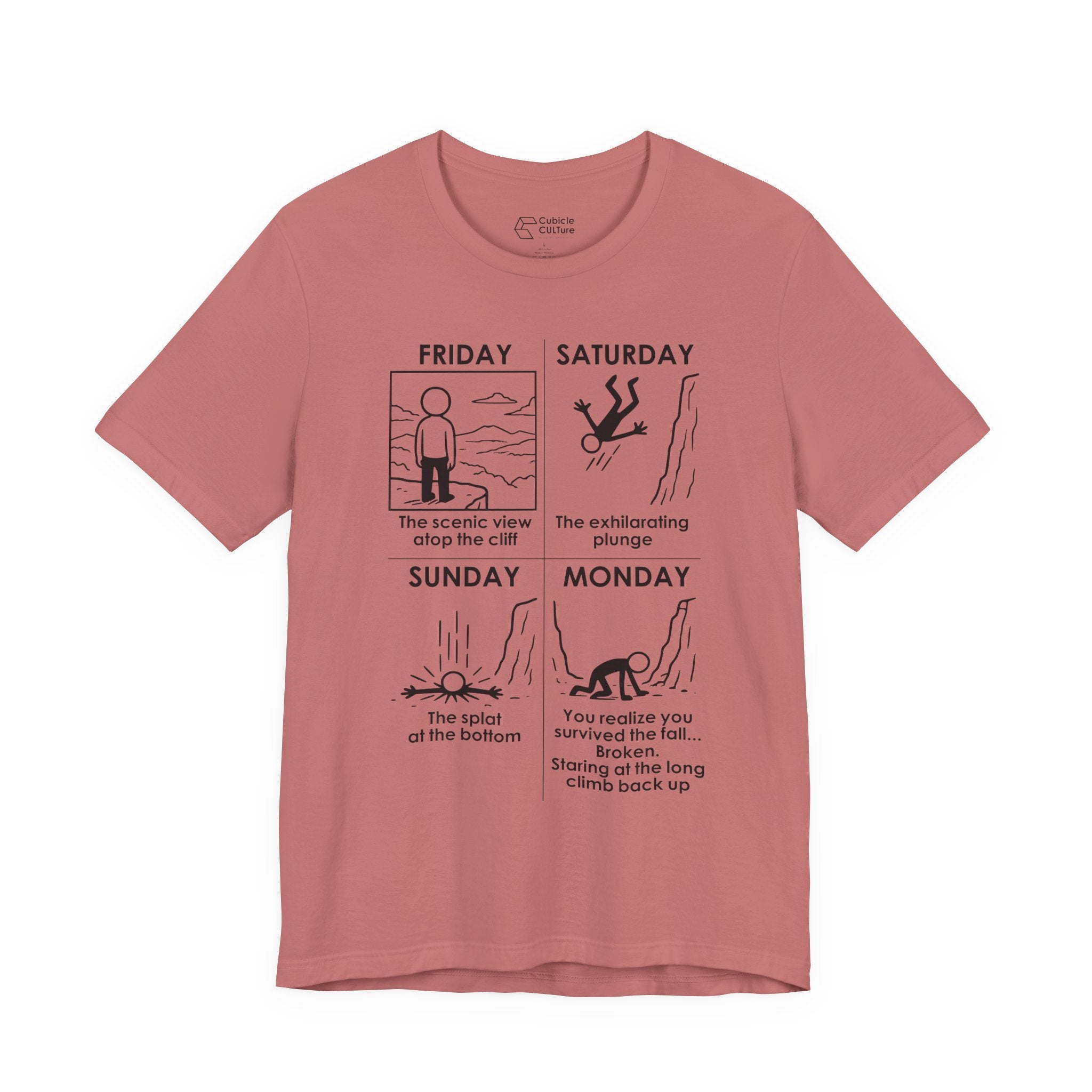 Weekend Cliff Comic T-Shirt – Cliffverse Dark Humor Friday to Monday Survival Graphic Tee