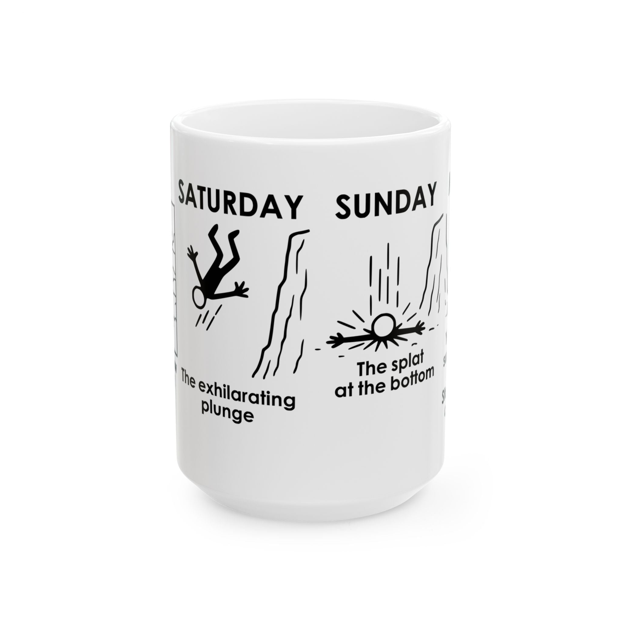 Weekend Cliff Comic Coffee Mug – Dark Humor Friday to Monday Survival Cup