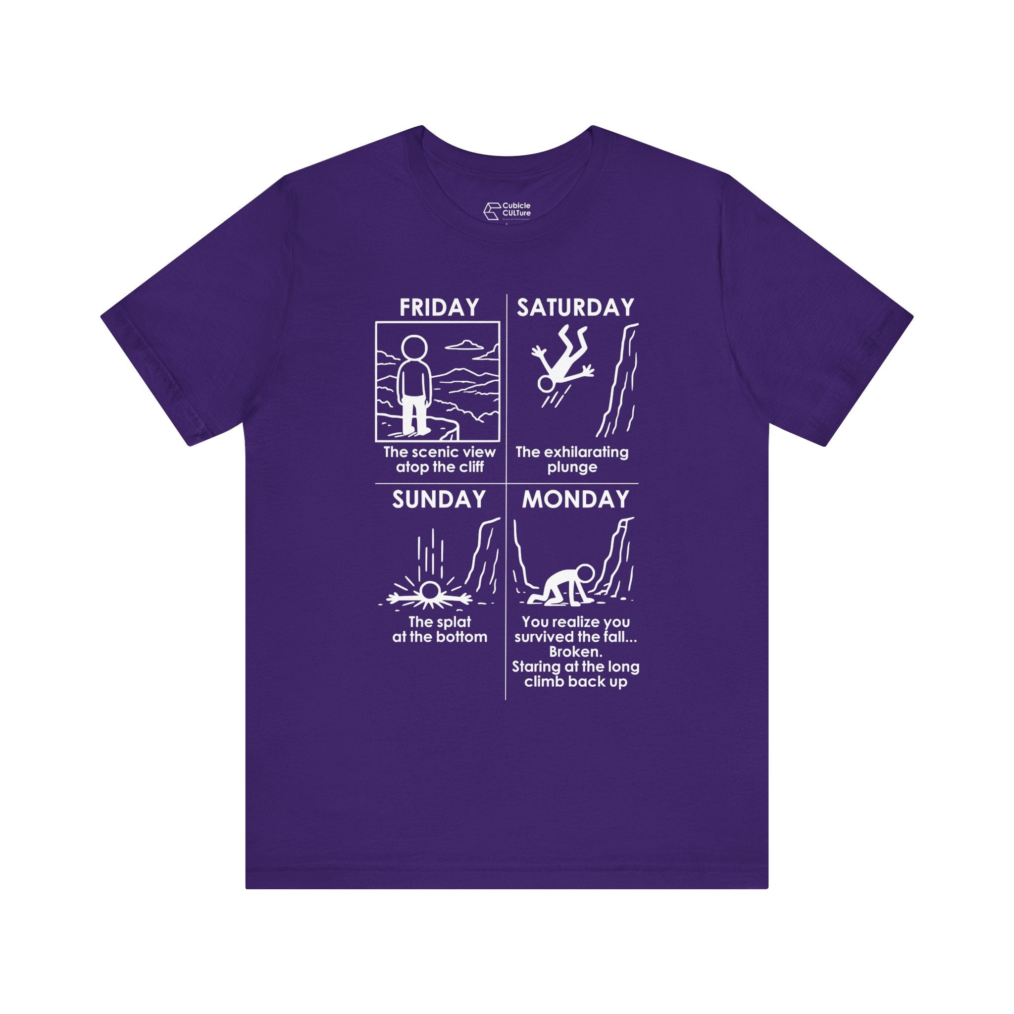 Weekend Cliff Comic T-Shirt – Dark Humor Friday to Monday Survival Graphic Tee