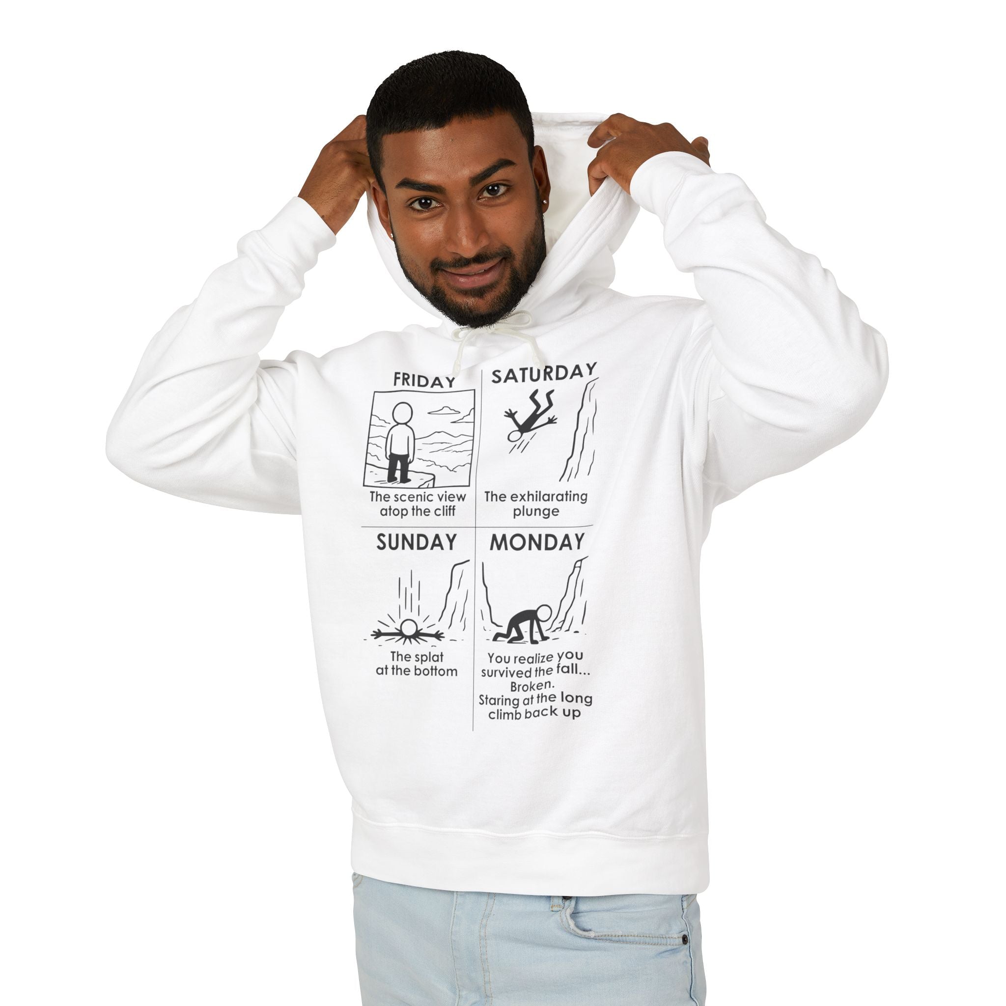 Weekend Cliff Comic Hoodie – Dark Humor Friday to Monday Survival Sweatshirt