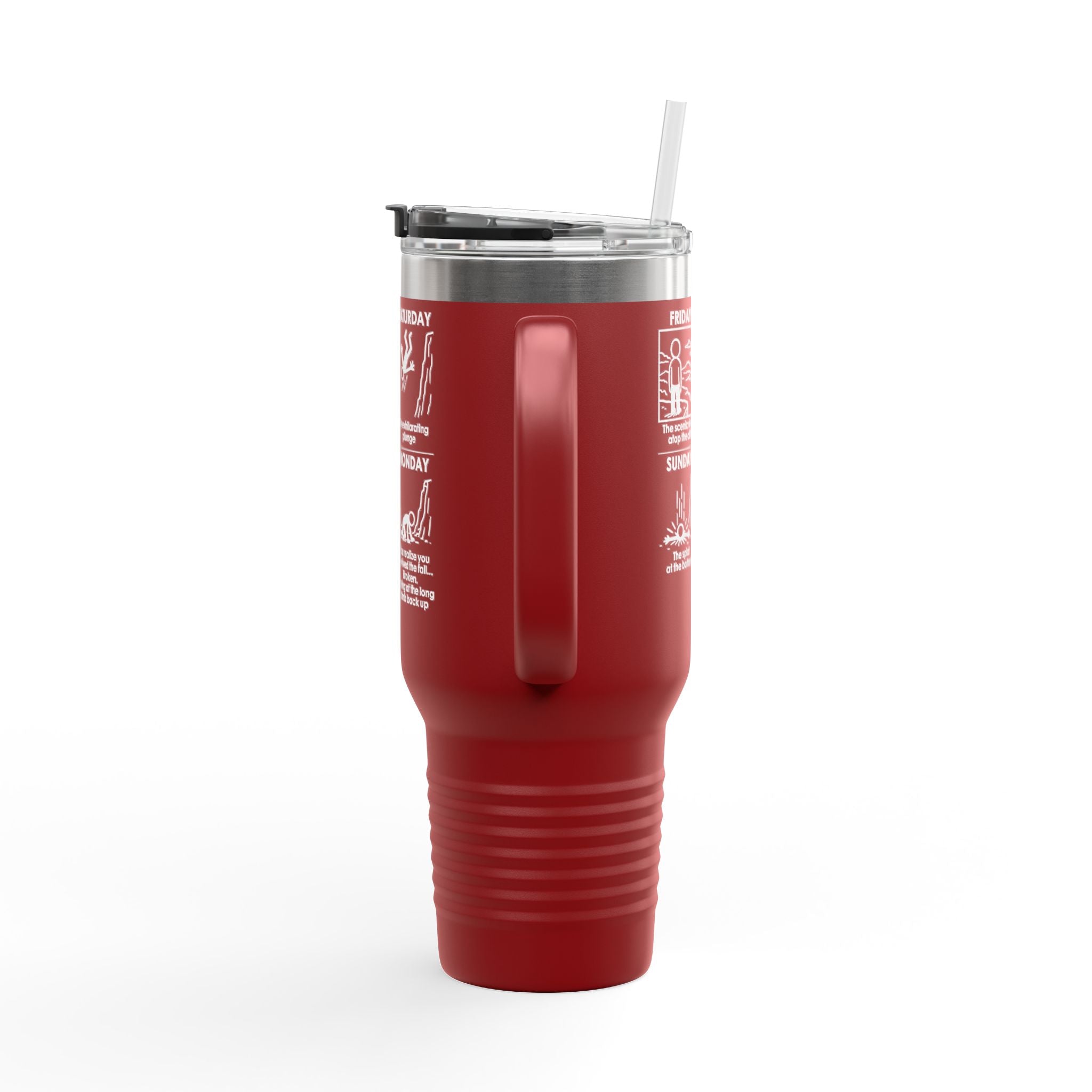 Weekend Cliff Comic Travel Mug – Dark Humor Friday to Monday Survival Tumbler