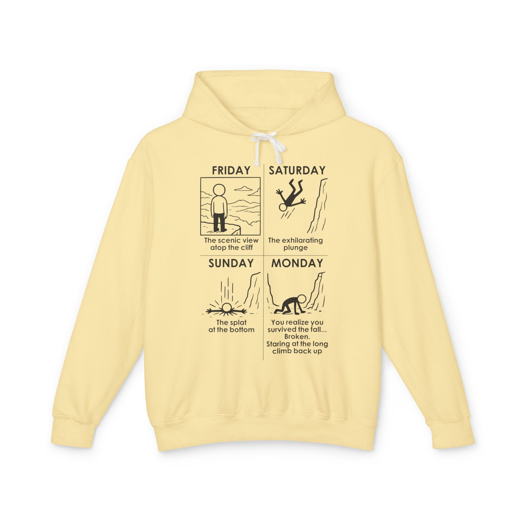 Weekend Cliff Comic Hoodie – Dark Humor Friday to Monday Survival Sweatshirt