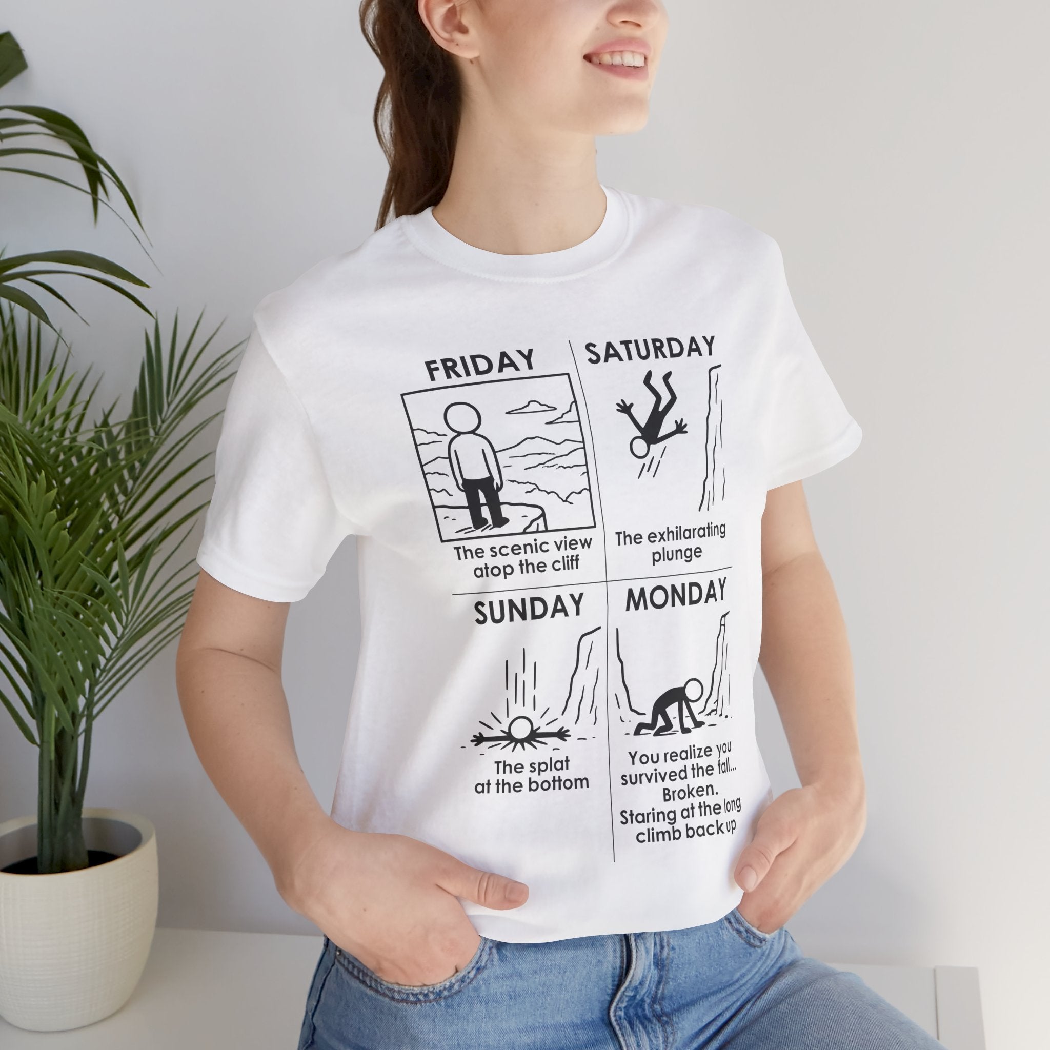 Weekend Cliff Comic T-Shirt – Cliffverse Dark Humor Friday to Monday Survival Graphic Tee