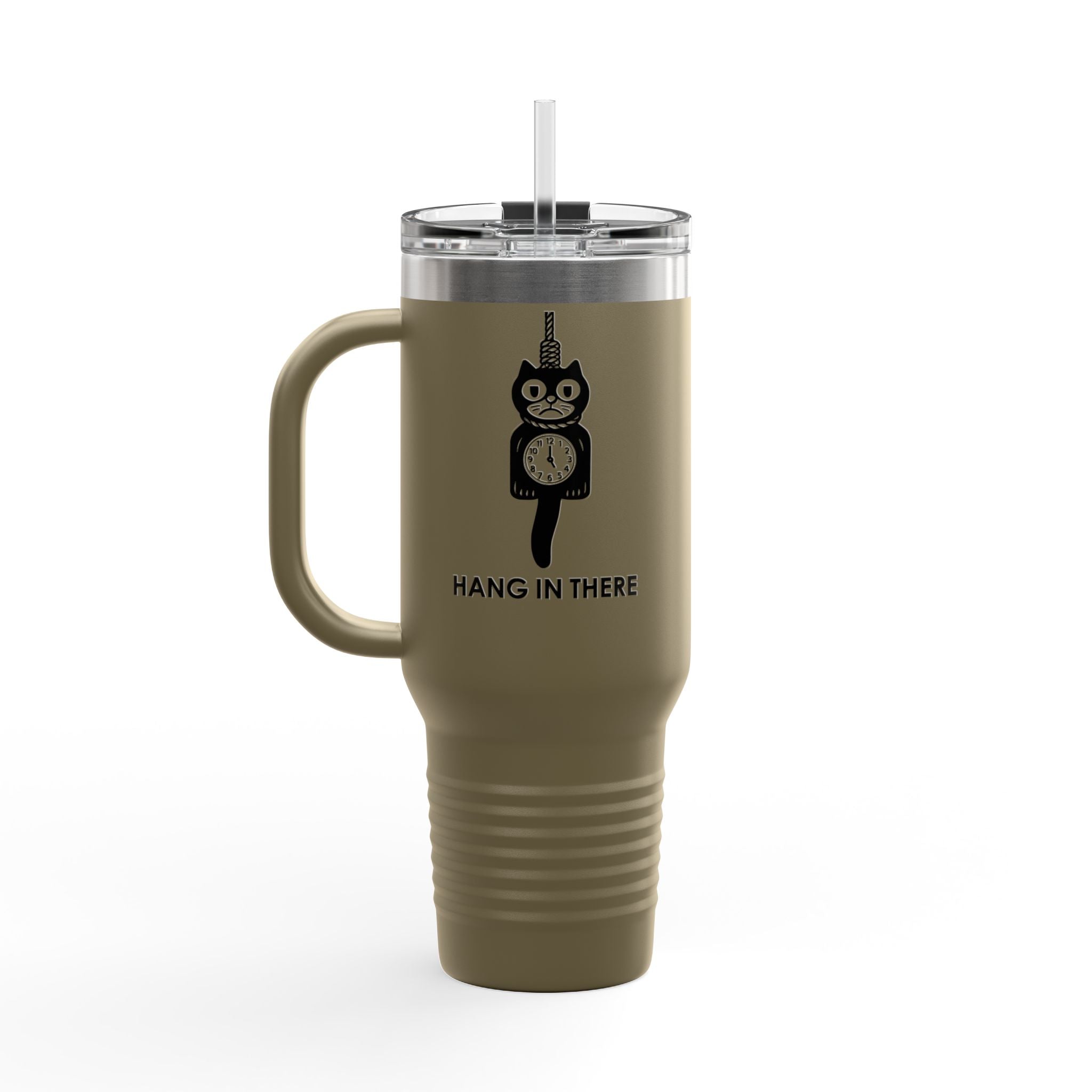 Hang In There Travel Mug – Dark Humor Cat Clock Parody Tumbler