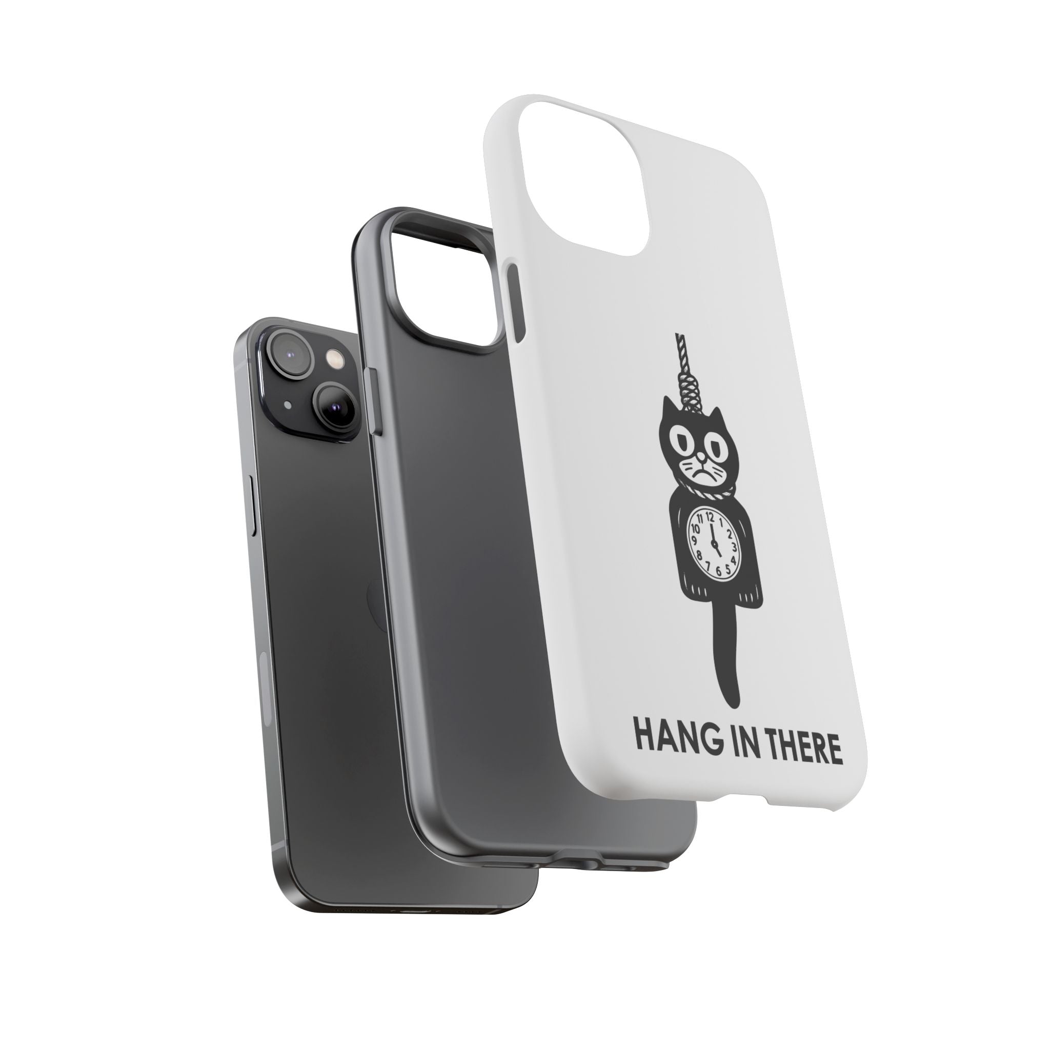 Hang In There Phone Case – Dark Humor Cat Clock Parody Mobile Cover