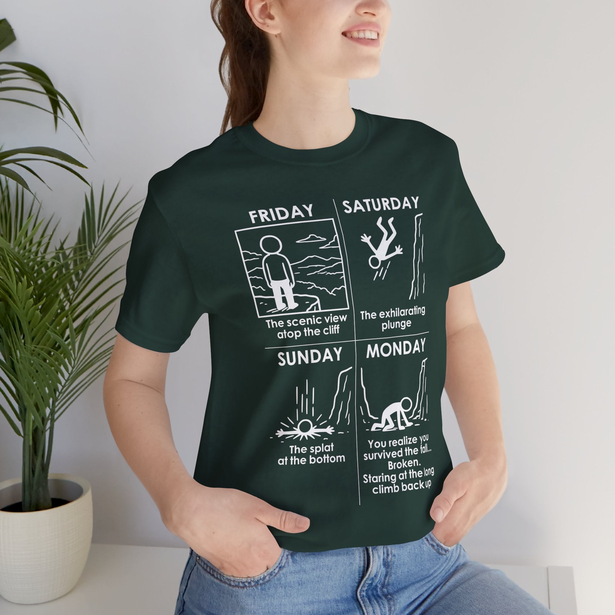 Weekend Cliff Comic T-Shirt – Cliffverse Dark Humor Friday to Monday Survival Graphic Tee