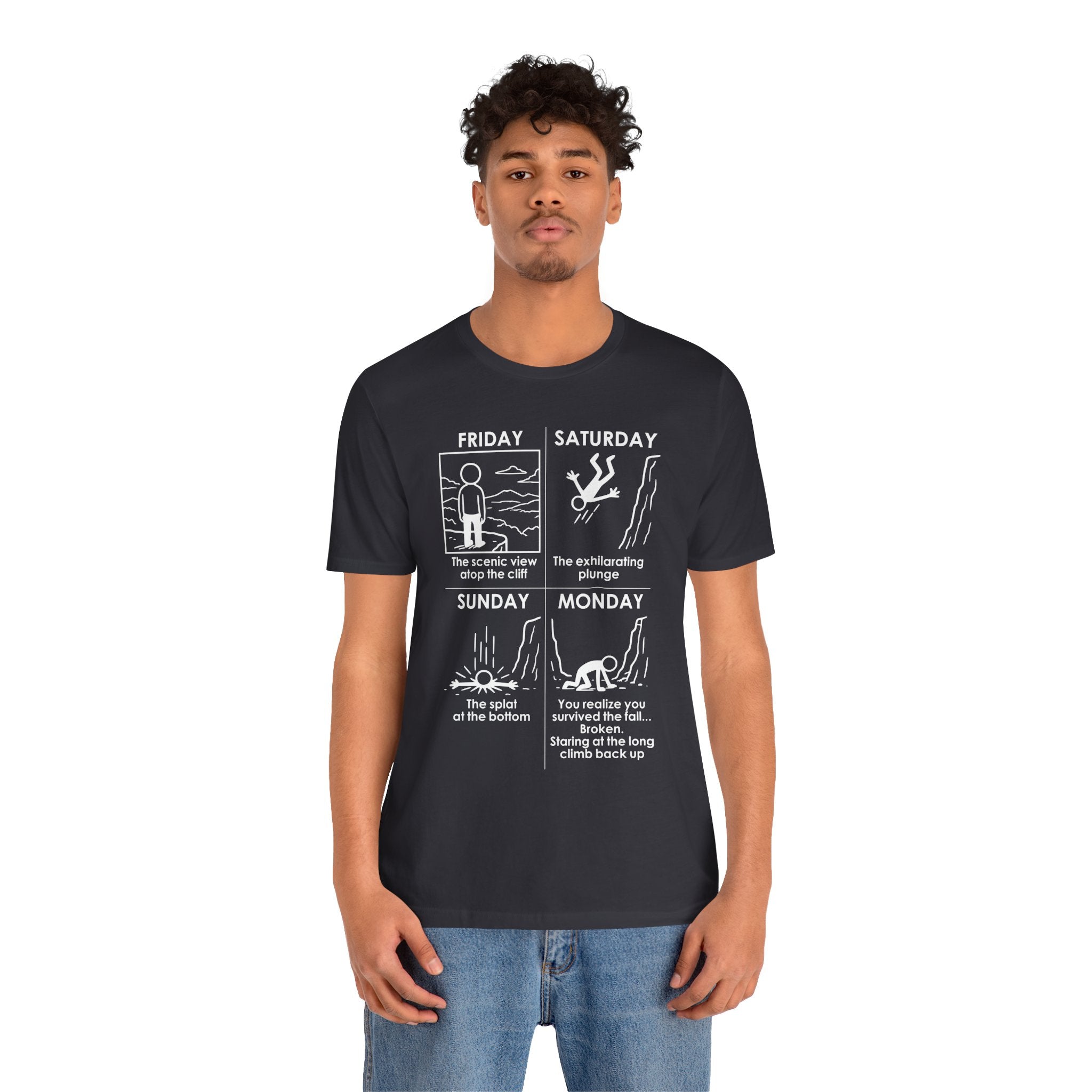 Weekend Cliff Comic T-Shirt – Dark Humor Friday to Monday Survival Graphic Tee