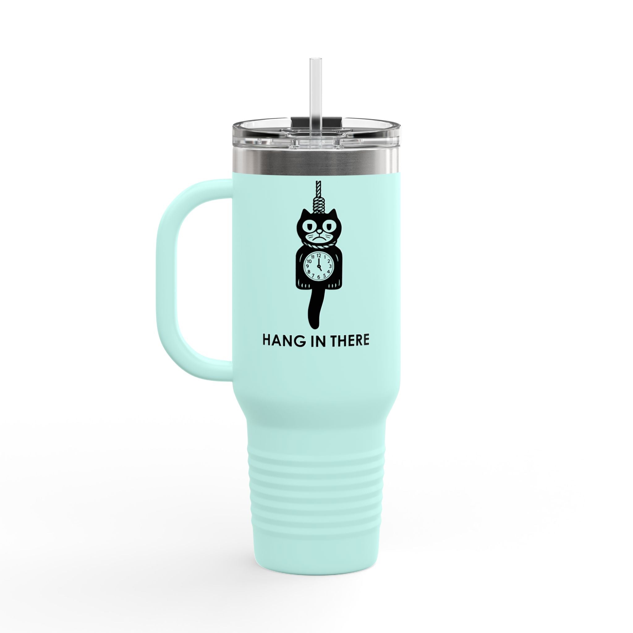Hang In There Travel Mug – Dark Humor Cat Clock Parody Tumbler